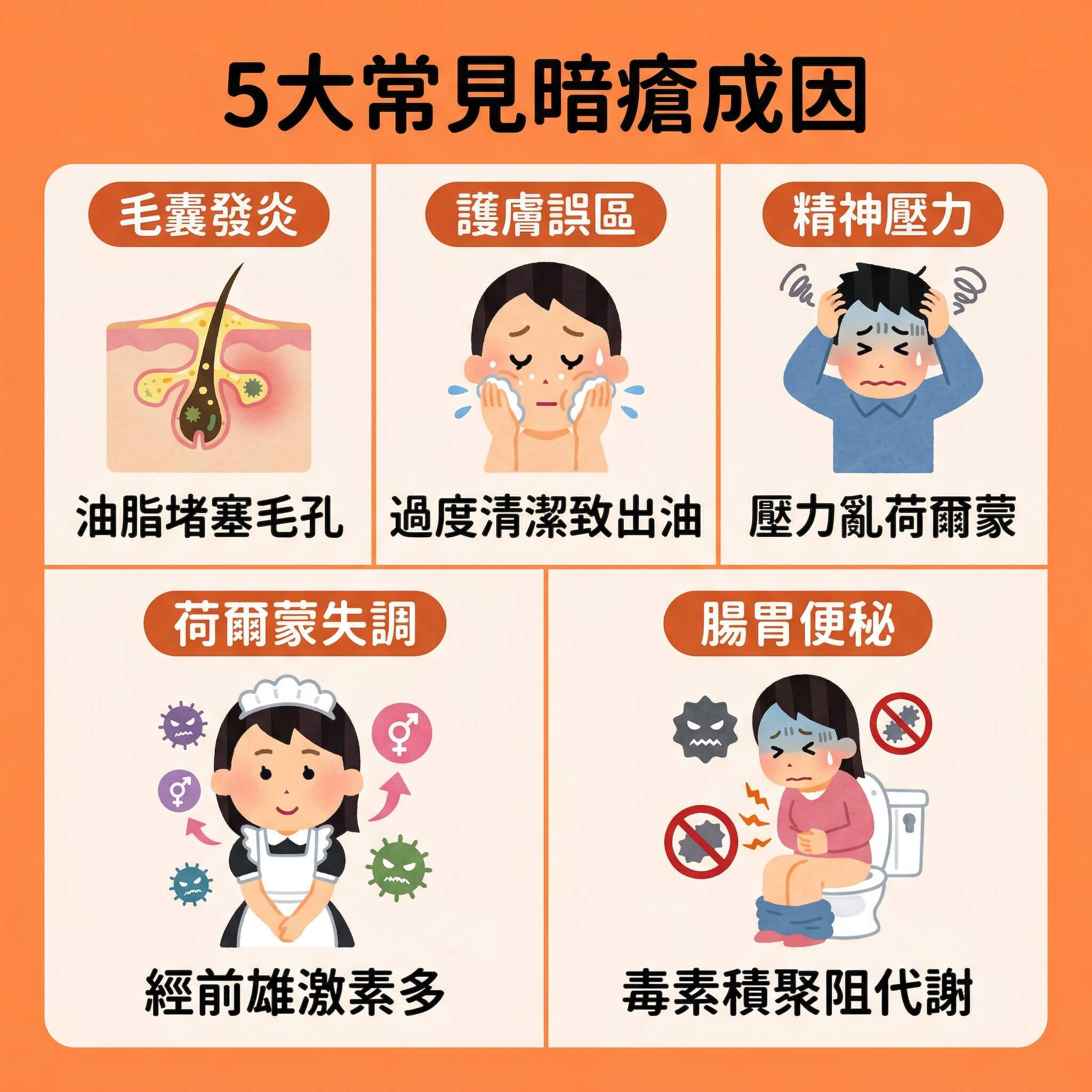 這是一張標題為「常見暗瘡成因」的資訊圖表,旨在為需要青春痘治療和皮膚分析療程的人進行暗瘡成因大公開。圖表採用清新可愛的 Irasutoya 風格向量插畫,排版整潔,分為五個主要彈性方格區塊。左上角第一格小標題「毛囊發炎」插圖顯示放大的毛孔和皮脂腺,角質層厚重和油脂積累,文字說明為「油脂、角質積累致炎」,這會導致堵塞毛孔、發炎紅腫和粉刺。上方中間第二格小標題「過度清潔」插圖是一個人用力清潔****皮膚,文字說明為「水油失衡誘發暗瘡」,說明過度清潔損害表皮屏障,是敏感肌暗瘡護理的反面教材,不當的深層清潔毛孔反致皮脂分泌過度。右上角第三格小標題「壓力過大」插圖是一個因精神壓力抱頭的人,旁邊有時鐘和閃電符號,文字說明為「荷爾蒙失調增油脂」,說明壓力導致荷爾蒙波動。左下角第四格小標題「荷爾蒙變」插圖顯示女士和性別符號,文字說明為「雄激素激發皮脂分泌」,這是導致皮脂分泌過度和堵塞毛孔,形成黑頭和粉刺的主因。右下角第五格小標題「便秘積毒」插圖顯示一個人體內積聚毒素烏雲,文字說明為「體內毒素阻礙代謝」,影響體內代謝。圖表內容可以通過了解杏仁酸精華好處、使用杏仁酸、果酸或水楊酸進行溫和煥膚以代謝老廢角質來改善。這些成因若未正確處理,可能需要醫生專業治理,諮詢醫生以溶解黑頭粉刺和改善閉合性粉刺,自行擠壓可能導致囊腫和疤痕。應諮詢醫生以穩定膚況,這涉及居家刷酸指南和酸類保養禁忌。圖表內容雖然未直接提及細菌滋生,但這些成因為包括痤瘡丙酸桿菌在內的細菌滋生提供了環境。