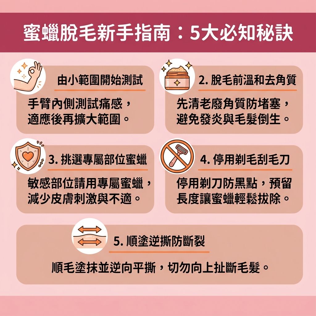 這是一張台灣健康部落格風格的 1:1 正方形資訊圖表,主題為蜜蠟脫毛教學與蜜蠟脫毛好處。圖表教導讀者如何減少蜜蠟脫毛痛楚與避免蜜蠟脫毛副作用。為避免拔毛後遺症,脫毛前應使用溫和去角質產品清理老廢角質,這有助於解決毛囊發炎並改善毛髮倒生。
操作時可依部位選擇硬蠟、軟蠟或珍珠蠟(蜜蠟)。正確的脫毛前後護理及私密處脫毛保養能保護皮膚與毛孔,有效舒緩脫毛紅腫(預防紅腫與炎症),並避免皮膚灼傷。日常停用剃刀與脫毛膏能減少色素沉澱,避免黑色素累積。
若敏感肌希望一勞永逸,建議選擇專業脫毛中心,或參考家用脫毛機比較以了解激光脫毛原理。透過專業醫生操作的激光儀器,釋放特定波長與能量,搭配冰感技術,能安全破壞毛囊中的毛髮。挑選適合脫毛季節進行無痛激光脫毛,不僅能收細粗大毛孔,更能達到永久脫毛效果。