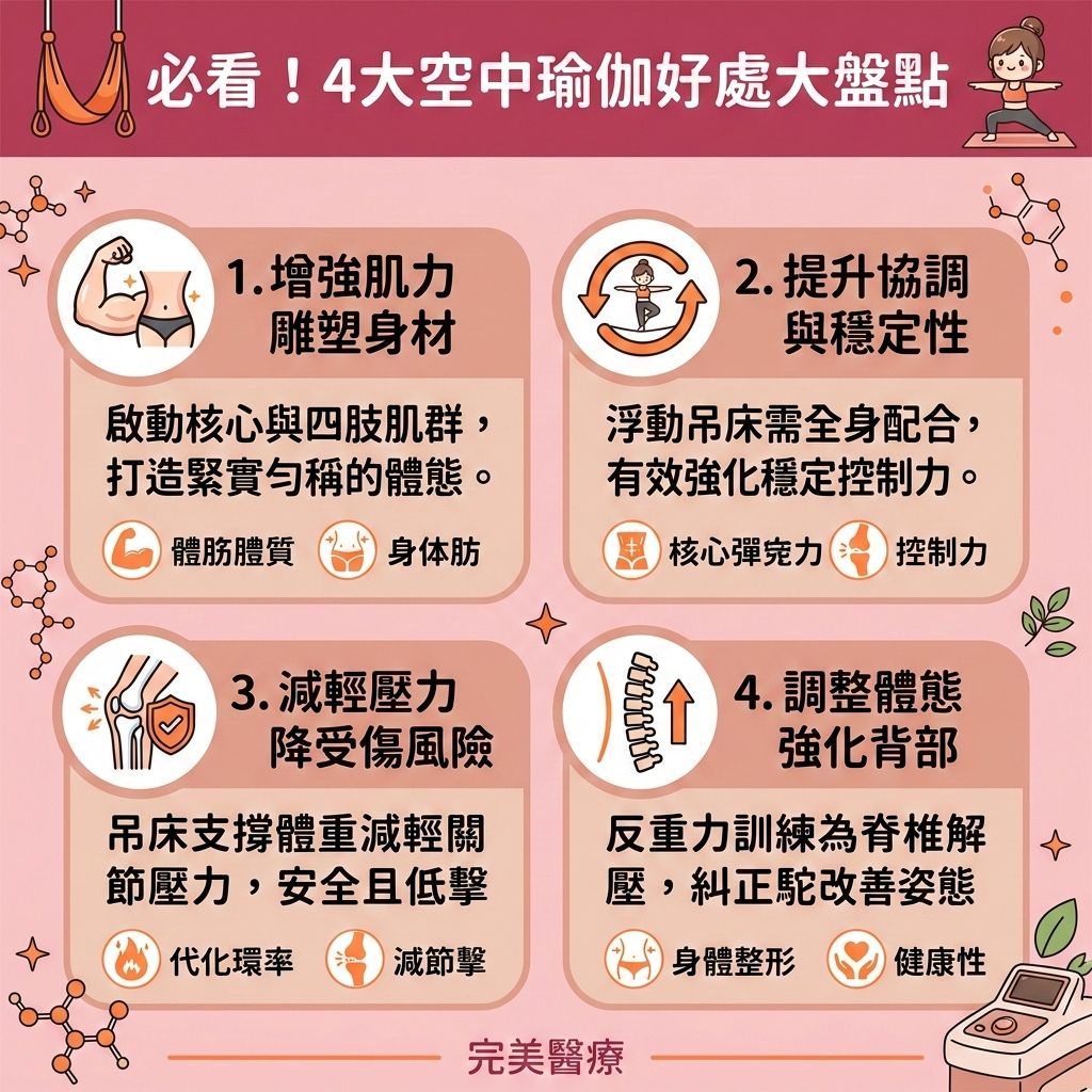 這是一張台灣健康部落格風格的 1:1 正方形資訊圖表,詳細介紹空中瑜伽這項結合有氧運動的塑身運動。透過懸掛的絹布吊床,能有效減輕脊椎壓力並為脊椎與關節解壓,幫助舒緩肩頸痛楚與改善不良姿勢。這項運動不僅能提升身體柔軟度與柔韌度,還能鍛鍊深層肌肉,達到增強核心力量的效果,全面強化核心肌群。
持續練習能促進血液循環與活化淋巴系統,有助於促進淋巴排毒,對於改善下半身水腫與消除水腫效果顯著,進而改善睡眠質素。空中瑜伽能有效提升基礎代謝與整體的基礎代謝率,加速新陳代謝,增加肌肉量並消耗大量卡路里。這有助於燃燒全身脂肪,降低體脂率,精準打擊內臟脂肪與皮下脂肪,幫助您突破減肥停滯期,成功打造易瘦體質與預防脂肪積聚。
無論是為了消除局部贅肉、塑造修長線條或是產後修身塑形,空中瑜伽都是極佳選擇。若想尋求更快速直接的無創減脂療程,醫學美容能提供專業輔助。香港完美醫療提供專屬的溶脂科技與專屬瘦身方案,透過精準的醫美定位修形,能安全有效地為您重塑迷人體態!