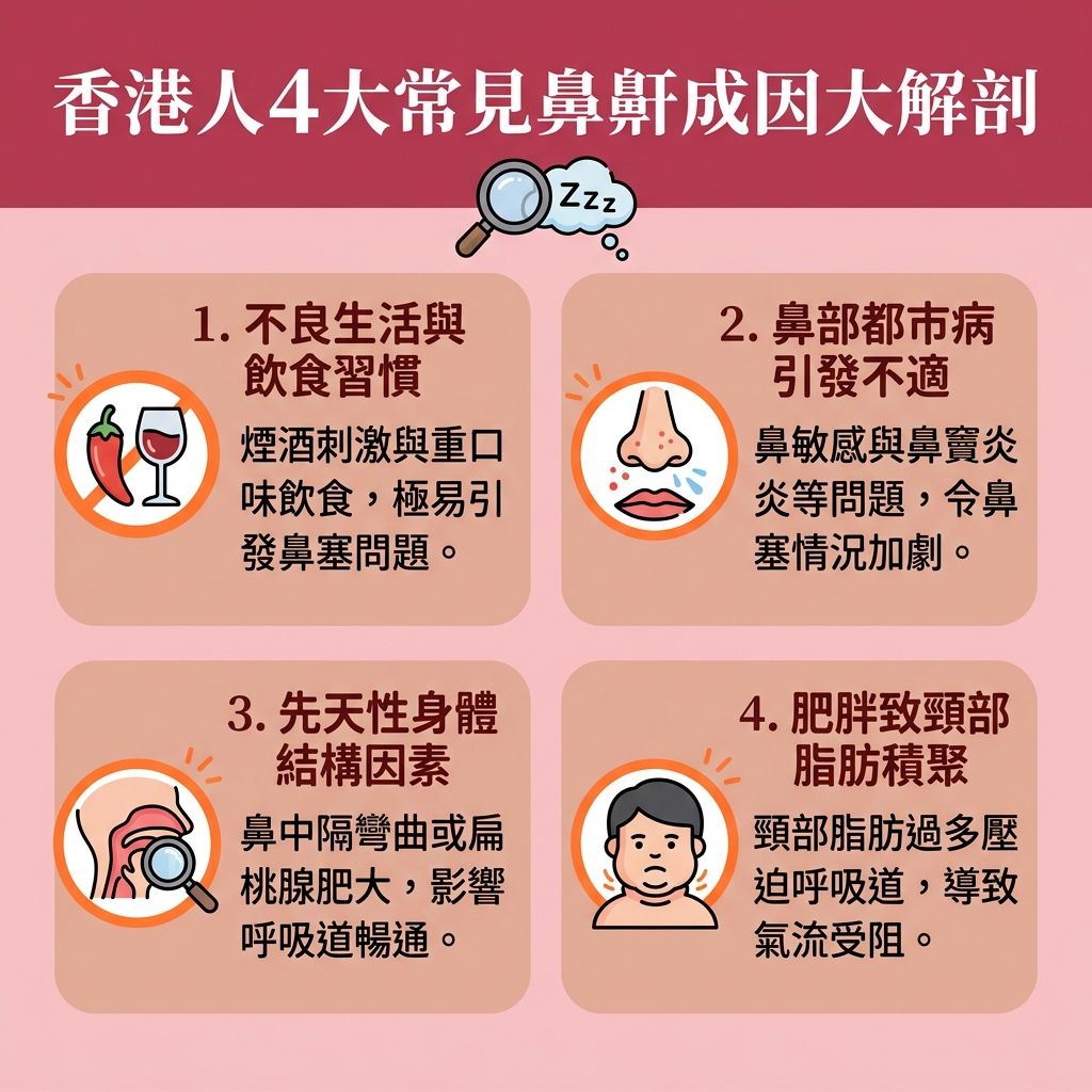 這是一張台灣健康部落格風格的 1:1 正方形扁平化資訊圖表,詳細剖析香港人常見的【鼻鼾】成因,並提供實用的【解決鼻鼾方法】以幫助大眾【改善睡眠質素】(提升整體【睡眠質素】)。圖中指出,不良習慣、都市病、先天結構與肥胖(頸部【脂肪】堆積)都會影響【呼吸道】。當【鼻腔】、【喉嚨】與【軟顎】的【肌肉】鬆弛或受壓,極易引發嚴重的【阻塞性睡眠窒息症】。這會導致頻繁的【睡眠呼吸中止】與【睡眠缺氧症狀】。
為了【保持呼吸道暢通】與【改善呼吸道阻塞】,患者需及時【預防心血管疾病】與【減輕日間疲倦】以【降低停止呼吸頻率】。日常生活中,可透過【控制體重減鼻鼾】、【側睡】、使用【止鼾枕】或【鼻鼾貼】來【改善用口呼吸】及【改善鼻塞問題】。針對鼻敏感,可使用【生理鹽水】進行【洗鼻舒緩鼻敏感】,並【舒緩喉嚨乾涸】;亦可利用【牙膠】來【防止舌頭後墜】。
若情況嚴重,強烈建議前往專業【診所】尋求【醫生】協助,進行【睡眠測試】與詳細的【睡眠測試診斷】。除了配戴【呼吸機】外,現在也有【安全無痛治療】的選項,如先進的【無創止鼾療程】。透過【激光】技術進行的專屬【療程】,能有效【收緊喉嚨肌肉】,讓你徹底遠離【睡眠窒息症】的困擾。