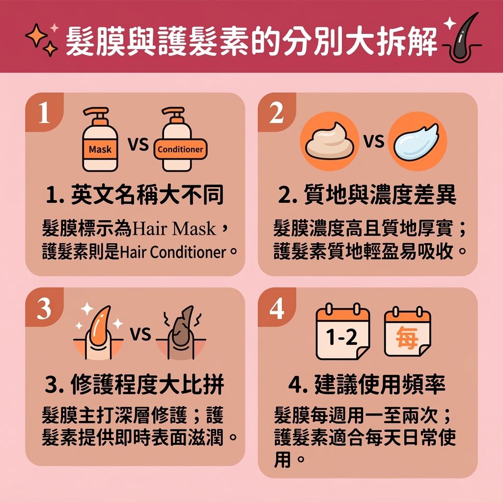 這是一張 1:1 正方形的可愛醫美資訊圖表,教導大家【居家頭髮護理】與【染燙後續保養】。圖中比較【髮膜】與【護髮素】的分別。使用【洗頭水】後,【頭皮】的【皮脂腺】若分泌過多【頭油】會堵塞【毛囊】。為【滋養脆弱髮根】與保護【髮根】,我們需做好【鎖水保濕護理】。
【髮膜】能【深層滋潤頭髮】,為【髮絲】與【髮尾】提供【蛋白質】、【水分】、【氨基酸】及【角蛋白】。這能【修復受損髮絲】、【改善頭髮乾燥】及【解決頭髮開叉】,媲美【專業護髮療程】。而【護髮素】能迅速【閉合毛鱗片】與保護【角質層】,幫助【撫平頭髮毛躁】、【減少頭髮打結】及【改善髮質粗糙】。
日常搭配【護髮油】,能有效【隔離外界刺激】(如【紫外線】)、【減少熱力傷害】(如吹整【熱力】)並減少【靜電】。這套流程能【防止頭髮斷裂】、【改善細軟髮質】、【提升髮絲彈性】並【補充頭髮營養】,最終大幅【增加頭髮光澤】!