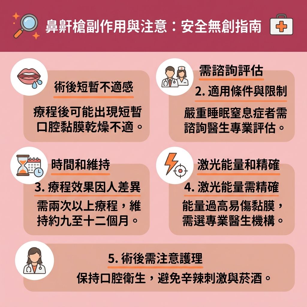這是一張台灣健康部落格風格的 1:1 正方形扁平化資訊圖表,詳細解析鼻鼾槍的副作用與注意事項。作為一種尋求解決鼻鼾方法的安全無創技術與無創止鼾療程,它利用特殊探頭發射激光的能量,精準刺激膠原增生(補充流失的膠原蛋白),有效收緊喉嚨肌肉及軟顎。這種無痛止鼾技術能避免傳統手術的痛楚與漫長恢復期,達到卓越的激光止鼾效果,幫助擴張上呼吸道、改善呼吸道阻塞並保持呼吸道暢通。
雖然能減輕鼻鼾,提升並改善睡眠質素(整體的睡眠質素),但部分人在療程後可能感到喉嚨輕微不適、短暫吞嚥困難或口腔黏膜乾燥,需多喝水來舒緩喉嚨乾涸。若患有嚴重的睡眠窒息症(尤其是阻塞性睡眠窒息症),常伴隨睡眠缺氧症狀,建議先前往專業診所尋求醫生進行詳細的睡眠測試診斷。醫生會評估喉嚨肌肉與呼吸道狀況,制定專屬的睡眠窒息症治療方案,以有效降低停止呼吸頻率並減輕日間疲倦,助你重拾健康生活。