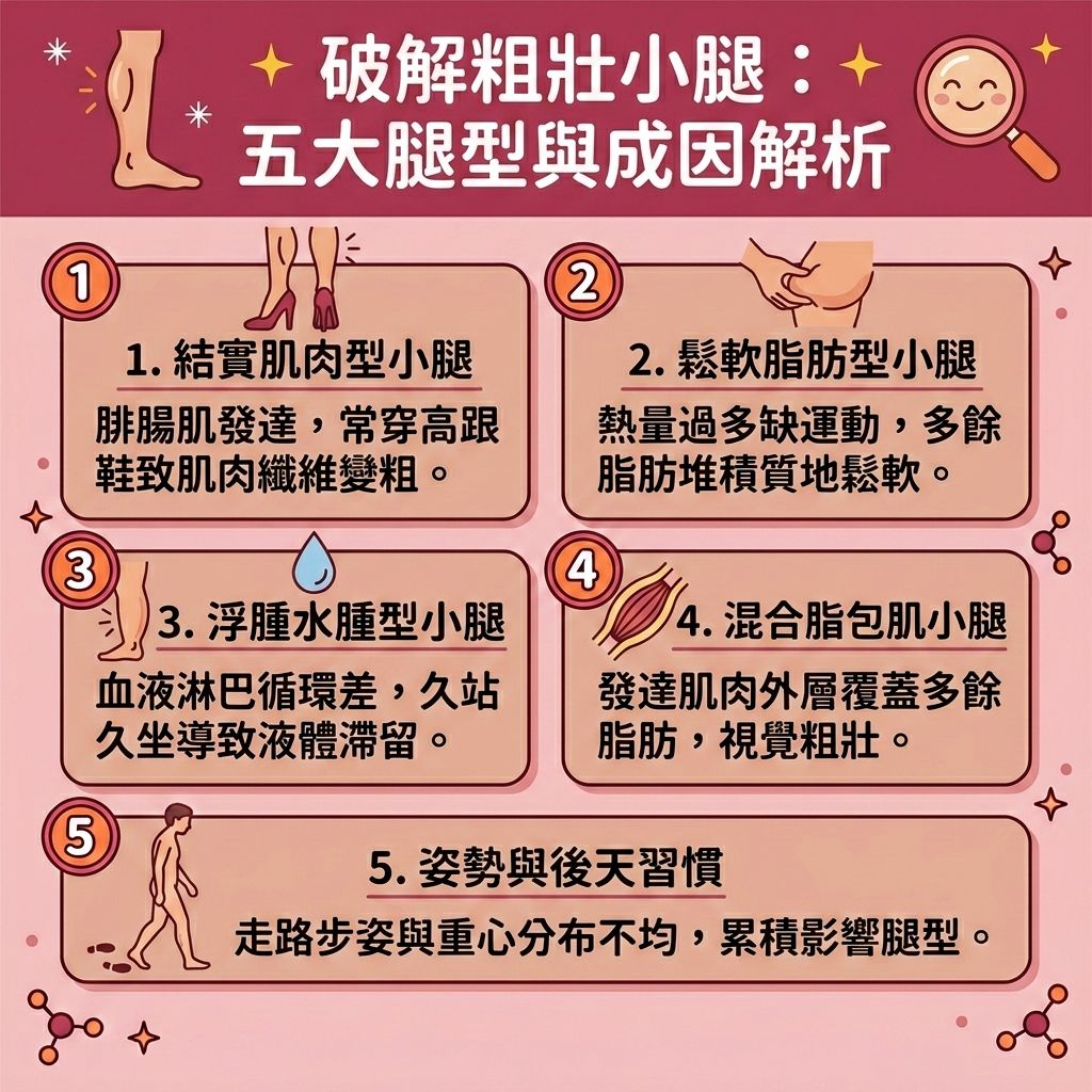 這是一張 1:1 正方形的扁平化向量資訊圖表,主題為「破解粗壯小腿:五大腿型與成因解析」,帶有教育性與醫美感。圖表詳細分析了各種小腿與大腿肥胖成因。針對肌肉纖維發達的腓腸肌與比目魚肌,常因常穿高跟鞋或過度無氧運動與阻力訓練導致,產生乳酸堆積與筋膜緊繃。我們需要尋找正確的減肌肉腿方法來改善粗壯小腿,並落實消除蘿蔔腿的對策。適當的拉筋伸展運動能舒緩腿部肌肉、放鬆緊繃肌肉並減少肌肉充血。
對於脂肪細胞與皮下脂肪囤積,往往因為卡路里與蛋白質攝取失衡,除了控制蛋白質攝取與結合有氧運動外,針對打擊頑固脂肪,可透過專業的醫美瘦小腿療程(如注射肉毒桿菌作為瘦腿針),或利用無創溶脂技術進行局部減脂。
若因淋巴系統與血液循環不佳造成水腫,應避免久站久坐,積極促進血液循環以達至排毒去水腫和消除下肢水腫。此外,不良的步姿與骨盆歪斜也是關鍵,矯正走路姿勢能進一步改善腿部線條,最終幫助您成功塑造筆直長腿。底色無縫延伸至最下方,沒有多餘文字。