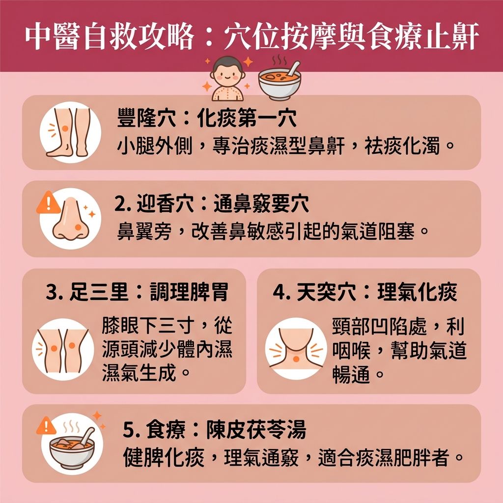 這是一張台灣健康部落格風格的 1:1 正方形扁平化資訊圖表,主題為「中醫自救攻略」,教導大眾實用的【解決鼻鼾方法】與【中醫調理鼻鼾】秘訣。圖表詳細描述如何透過進行【穴位按摩通鼻塞】(如按壓【迎香穴】與【印堂穴】等【穴位】)來【舒緩鼻敏感症狀】及【緩解鼻塞流涕】。當【脾胃】虛弱引發【痰濕】與【肥胖】時,會影響【經絡】、【氣血】與【肺氣】,造成【呼吸道】狹窄與【肌肉】、【舌頭】鬆弛,引發嚴重的【鼻鼾】與【睡眠窒息症】。
透過【中醫】的【針灸】或日常指壓,能有效【疏通經絡氣血】並【調整氣血陰陽】。配合【中藥】食療【健脾化痰】,能【減少痰液分泌】。這些方法有助於【改善呼吸道阻塞】、【保持呼吸道暢通】與【改善用口呼吸】,進而【降低鼻鼾頻率】與【改善打呼嚕】。
對於深受困擾的【體質】者,尋求專業【診所】的【醫師】進行【針灸治療鼻鼾】或安排【睡眠測試診斷】,是【改善睡眠質素】(【提升睡眠質素】)的關鍵,同時能【減輕日間疲倦】並及早【預防心血管疾病】,讓你重拾健康安穩的睡眠。