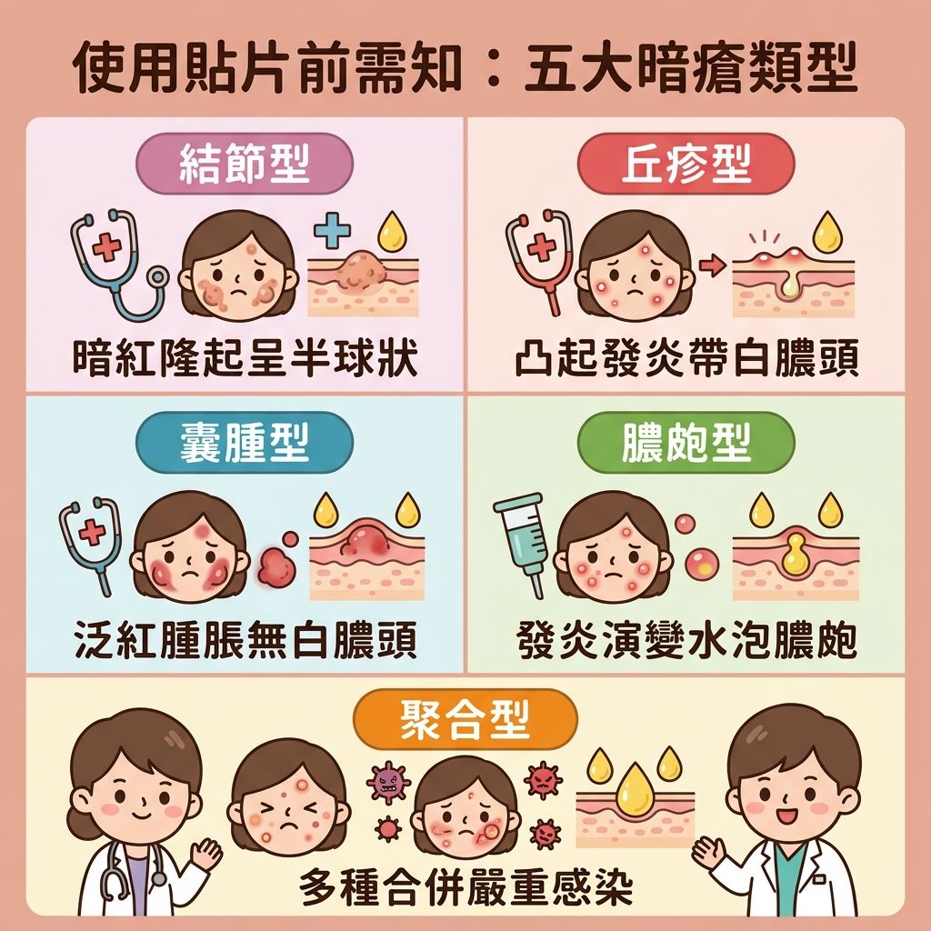 這是一張正方形的扁平化向量醫美資訊圖表,背景採用粉嫩色調,詳細解構三種嚴重暗瘡類型。圖中展示皮膚的角質層及真皮層結構,第一種是類似石頭瘡的結節型;第二種是受細菌感染、帶有膿頭的丘疹;第三種是充滿組織液與膿液的囊腫型暗瘡,這類暗瘡多由粉刺與黑頭惡化而成。
圖表建議日常護理需淨化毛孔、促進代謝及軟化角質。發炎期間可使用含水楊酸、茶樹油或抗菌劑等成分的暗瘡貼或人工皮,具備透氣防水及隱形貼服特性,非常適合妝前使用。只要定時更換,就能吸收分泌物與吸走膿液,達致消炎殺菌。這層保護能隔離細菌及隔絕污染物,發揮保護傷口與預防感染的作用,並防止擠壓。這樣不僅能舒緩鎮靜、改善紅腫及撫平紅腫,更能加速癒合並避免留疤,防止日後形成暗瘡印及凹凸洞。若情況嚴重,建議尋求完美醫療等專業機構幫助處理深層傷口。