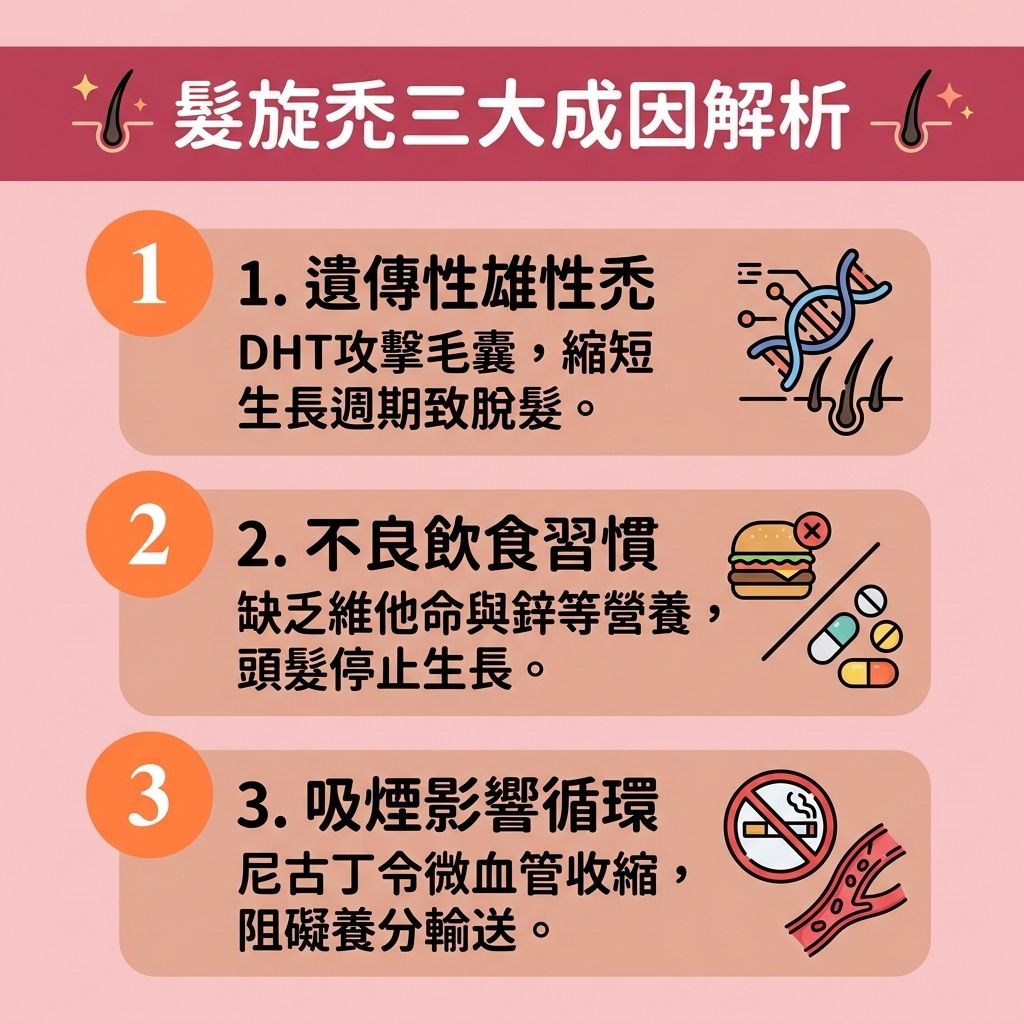 這是一張1:1正方形扁平化向量資訊圖表插畫,採用台灣健康部落格風格,詳細解析【女性頭頂稀疏】及【髮旋稀疏】的三大【雄性禿成因】。當【遺傳】或【雌激素】改變,體內【睪酮】等【荷爾蒙】會轉化為【雙氫睪酮】,攻擊【毛囊】導致【雄性禿】與【遺傳性脫髮】。不良飲食與吸菸會影響【頭皮】的【血液循環】,加上【皮脂腺】的【頭皮油脂分泌】異常,易引發【毛囊炎】與【脂溢性脫髮】,最終演變成【地中海脫髮】與嚴重【脫髮】,影響【頭頂】與【髮旋】的外觀。
圖表建議,為了【預防頭頂脫髮】與【改善頭髮稀疏】,日常可透過【防脫髮洗頭水】(善用【咖啡因洗髮露功效】中的【咖啡因】成分)及優質【洗頭水】來幫助【強健髮根】與【減少掉髮】。醫學上可使用【口服生髮藥】(如【非那斯特萊】)來【抑制荷爾蒙】,或塗抹【外用生髮水】(如含【米諾地爾】的【生髮水】),幫助【激活休眠毛囊】,【延長生長週期】,達到【促進頭髮生長】的效果。若情況嚴重,