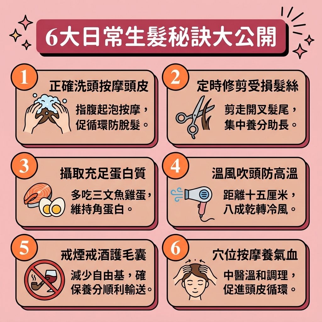 這是一張 1:1 正方形的扁平化向量資訊圖表插畫,結合美式漫畫普普風與台灣健康部落格風格,介紹【預防脫髮方法】與【日常頭皮護理】。無論面對【女性脫髮原因】或【男性脫髮危機】,皆可透過6大秘訣【促進頭髮生長】。首先要【溫和清潔頭皮】,保護【角質層】與【皮脂腺】,避免【頭皮油脂分泌】過盛,並【解決毛孔堵塞】。洗髮時可搭配含【咖啡因】或【胺基酸】的產品,並做好【頭皮保濕護理】以【舒緩頭皮敏感】。
飲食上遵循【生髮食物推薦】,【補充頭髮營養】如【蛋白質】、【鐵質】、【維他命】與【膠原蛋白】,能【強健髮根】並【減少掉髮】。日常配合穴位按摩,能【改善頭皮血液循環】及全身【血液循環】。
若有【雄性禿】或嚴重【脫髮】困擾,體內【荷爾蒙】轉化為【雙氫睪酮】會攻擊【毛囊】,此時單靠保養不夠。建議尋求【專業生髮療程】或【激光生髮】,或使用【抑制荷爾蒙】的【非那斯特萊】及含【米諾地爾】的【生髮水】,以【激活休眠毛囊】、【延長生長週期】並【改善頭髮稀疏】。最終亦可考慮【植髮】來重拾濃密秀髮。