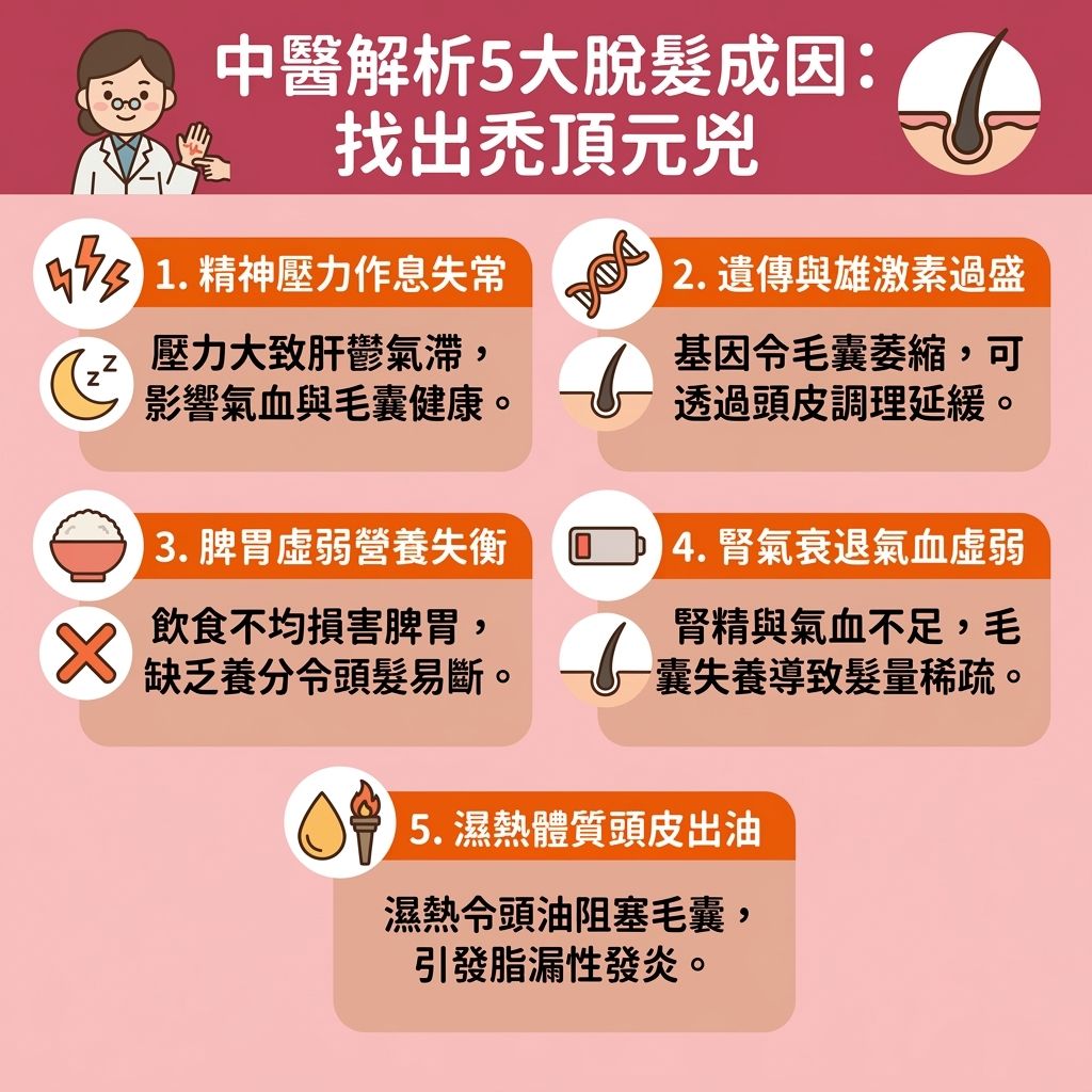 這是一張台灣健康部落格風格的 1:1 正方形資訊圖表,以中醫角度詳細圖解脫髮的五大成因。圖表指出,現代人常因壓力導致氣滯血瘀與肝血不足,或因飲食不節引起脾胃虛弱與血熱,甚至面臨腎虛,這些都會損害毛囊與頭皮健康。
對於遺傳性的雄性禿或突發的斑禿,進行專業的脫髮中醫診斷非常重要。圖表建議透過中醫治療脫髮與專屬的中醫治脫髮療程,如進行頭皮針灸治療及中醫生髮穴位按摩刺激穴位,能發揮極佳的針灸生髮效果(善用針灸)。針對肝腎不足脫髮與血熱脫髮特徵,可採用活血化瘀生髮及調理氣血生髮的方法,以補足氣血。
日常保養方面,圖表推薦使用天然中藥(如何首烏與當歸),發揮何首烏生髮功效;也可運用中藥洗頭防脫髮,或嘗試民間的中醫生髮偏方與防脫髮中藥湯水。食療上,黑芝麻生髮食療(多吃黑芝麻)與改善脾胃防掉髮能有效促進生髮。針對特定族群,無論是尋求女性脫髮中醫調理、產後脫髮中醫調理,或是需要脂溢性脫髮中醫對策與腎虛脫髮改善,這些方法都能從根本調理,重拾健康髮絲。