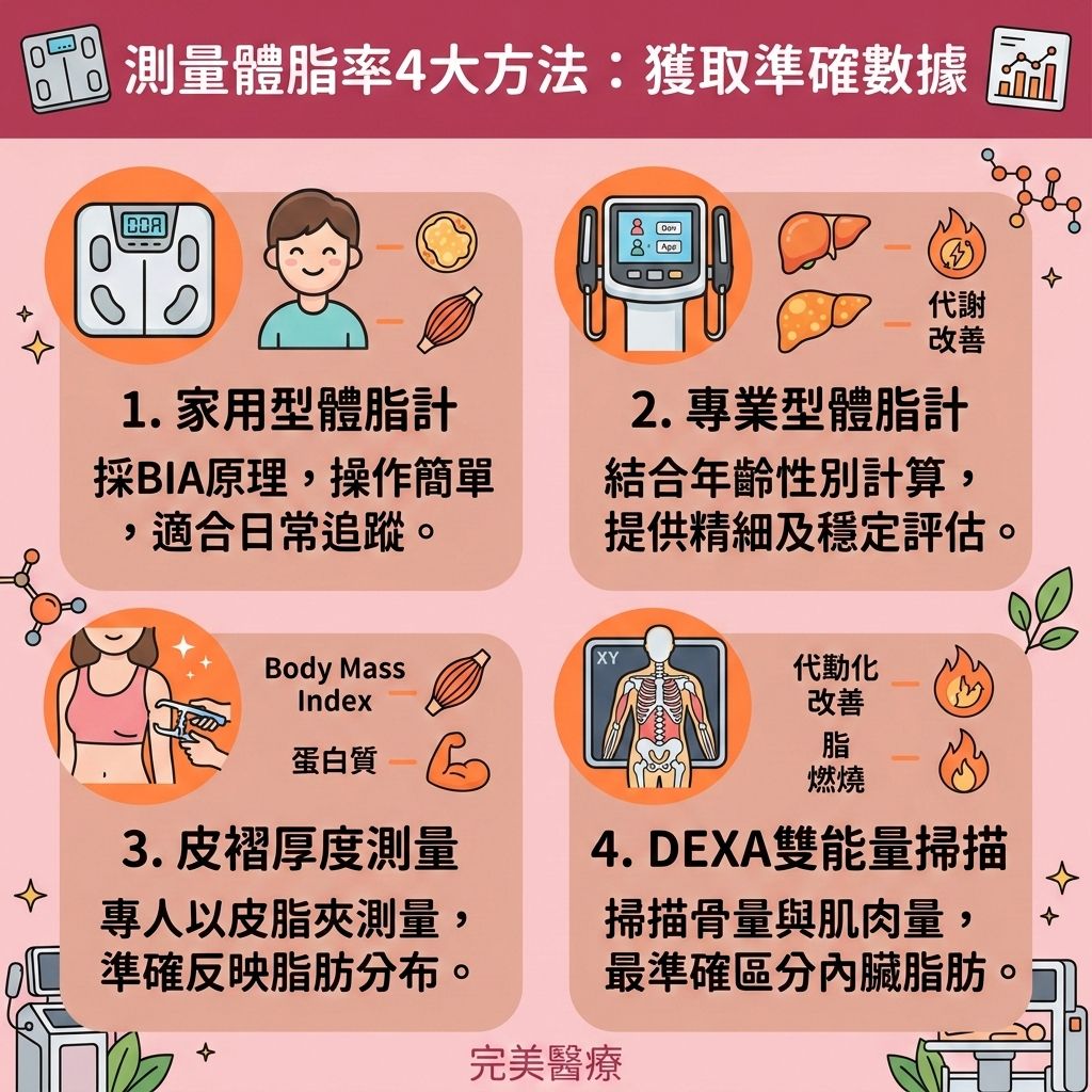 這是一張台灣健康部落格風格的 1:1 正方形資訊圖表,主要教導大家四種測量體脂方法。了解準確的體脂率與身體質量指數,並參考男女體脂標準,是降低體脂比例的第一步。圖表指出,不論是體重停滯不降,還是處於減肥的停滯期,都必須深入了解體內的皮下脂肪、內臟脂肪與骨骼肌分佈。
為了突破減肥停滯期並打造易瘦體質,我們需要制定健康減脂餐單與增肌減脂飲食。透過精準控制熱量攝取(精算卡路里),適當分配碳水化合物與蛋白質,能穩定體內荷爾蒙。同時,結合有氧運動、無氧運動與阻力訓練,不僅能提升肌肉量與提升肌肉比例,更能提升基礎代謝與整體的基礎代謝率,加速新陳代謝。
透過上述努力能有效預防脂肪積聚、減少內臟脂肪並改善中央肥胖。若您希望徹底破壞頑固的脂肪細胞,達成燃燒深層脂肪與消除頑固脂肪的目標,可以尋求醫學美容的幫助。香港完美醫療提供專業的專屬瘦身方案與局部減脂技術。透過先進的無創減脂療程進行精準的醫美定位修形,能安全高效為您塑造緊緻線條!
