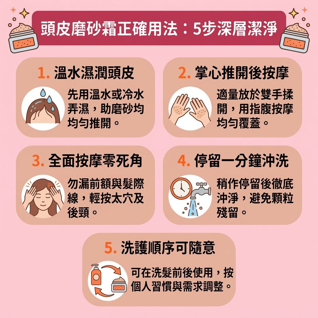 這是一張 1:1 扁平化醫美資訊圖表,教導大家【正確洗頭步驟】與【日常頭皮護理】。圖中示範如何使用含【海鹽】與【氨基酸】的【磨砂膏】。若【皮脂腺】分泌過多【油脂】,會累積【角質】與【污垢】,引發【頭瘡】、【頭皮屑】與【脫髮】。
為了【預防脫髮問題】與【減少頭皮屑】,必須【溫和清潔毛孔】並【徹底清除污垢】。在【洗頭水】與【護髮素】護理中加入磨砂步驟,能【深層清潔頭皮】、【去除老廢角質】,有效【控制油脂分泌】以【保持水油平衡】。
這能【改善頭皮環境】、【解決頭皮痕癢】與【舒緩頭皮敏感】,避免【毛孔】與【毛囊】堵塞(【預防毛囊堵塞】)。配合指腹按摩能【促進血液循環】與維持良好的【血液循環】,幫助【頭皮】吸收【水分】與【營養】。
這不僅能【修復受損屏障】、【強健脆弱髮根】保護【髮根】與【髮絲】,更能【刺激毛囊再生】。最終有效【改善頭髮扁塌】並大幅【增加頭髮蓬鬆度】!