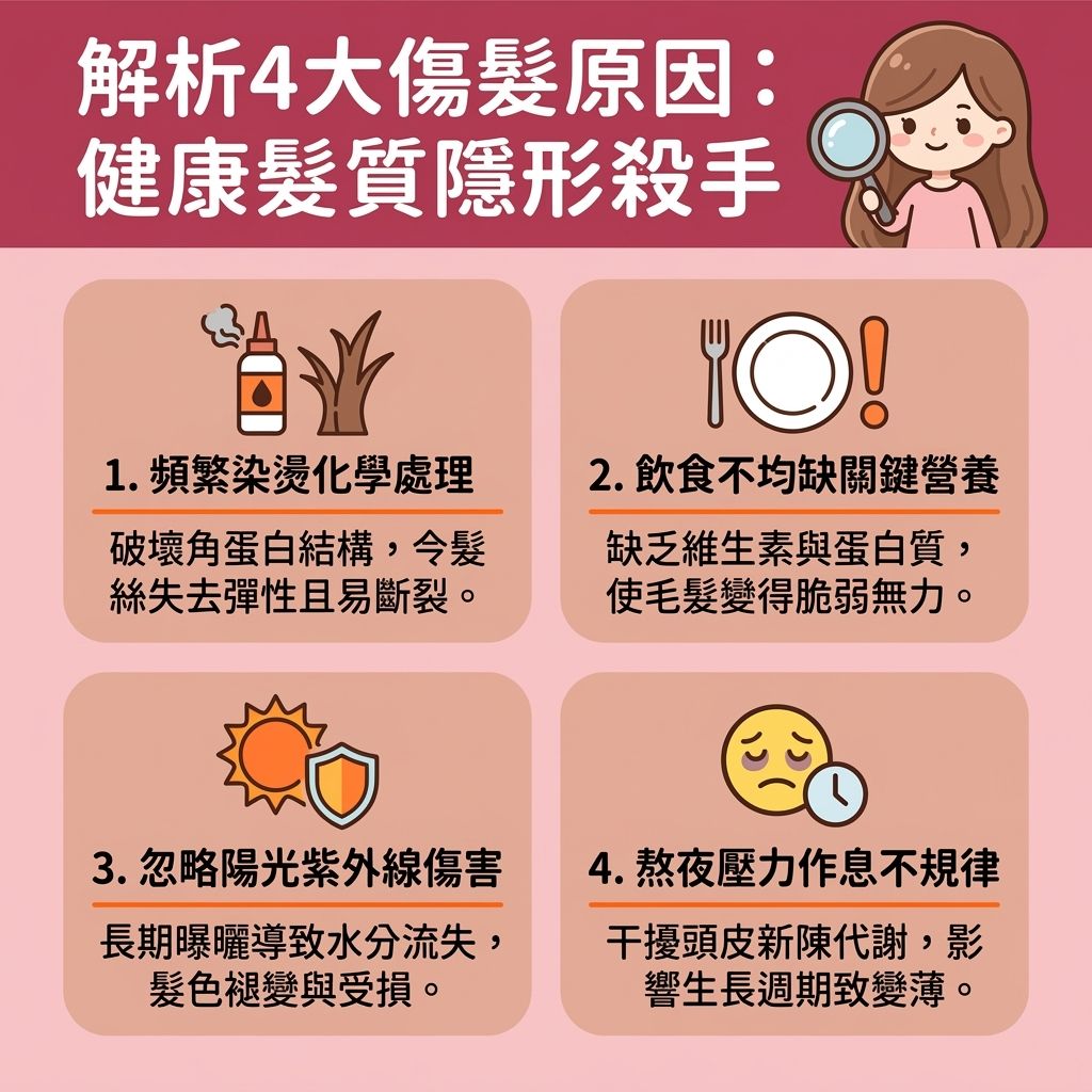 這是一張台灣健康部落格風格的 1:1 正方形資訊圖表,詳細圖解了影響頭髮與頭皮健康的四大原因。圖表指出,強烈的紫外線會破壞黑色素並流失水分,令髮絲失去彈性。要維持髮色持久並進行受損髮質修復,必須做好抗氧化護髮。
日常保養中,我們需要學習正確洗頭方法,挑選合適的洗頭水以維持頭皮油脂平衡(控制皮脂),並配合頭皮深層護理促進血液循環,從而強化髮根健康、保護毛囊並減少掉髮數量。
為了改善頭髮乾枯與改善頭髮扁塌,可定期進行居家護髮療程。使用富含蛋白質與角蛋白的護髮素及髮膜,搭配頭髮保濕噴霧與護髮油,能有效幫助毛鱗片閉合(撫平受損的毛鱗片),這是極佳的撫平毛躁技巧與順滑光澤心得。
此外,避免高溫傷髮非常重要。使用陶瓷材質的熱工具或具備負離子功能的吹風機與梳子,能有效預防頭髮靜電並增加頭髮光澤。最後,別忘了定期修剪頭髮以預防髮絲分叉,全方位守護秀髮健康。