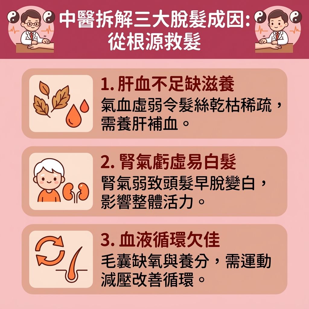 這是一張台灣健康部落格風格的 1:1 正方形扁平化資訊圖表,深入探討中醫如何看待脫髮問題。圖表指出肝腎不足與氣血虛弱會影響新陳代謝與血液循環,導致毛囊缺乏營養素,引發白髮、斑禿甚至脂溢性脫髮。為了解決頭髮稀疏及減少掉髮數量,許多人尋求中醫調理脫髮與天然防脫髮方法,例如探討側柏葉洗頭功效。
民間流傳許多側柏葉生髮偏方,如側柏葉煮水洗頭或側柏葉泡酒生髮(有時搭配生薑或米酒等偏方),聲稱能改善頭皮出油、舒緩頭皮痕癢,並發揮活血化瘀生髮的作用。市面上的側柏葉洗頭水推薦產品或含側柏葉的洗頭水,旨在保護頭皮與髮根,達到強化髮根健康、刺激毛囊生長與促進頭髮生長的目的,這對脂溢性脫髮改善及改善產後脫髮有一定輔助效果。
同時,充足的營養能促進黑色素生成,有助於預防白髮變黑。正確保養能延緩毛囊萎縮,保護脆弱的髮絲。然而,使用草本成分前須注意潛在的側柏葉副作用,若情況嚴重,建議諮詢專業皮膚科醫生,才能安全有效地對抗落髮危機。