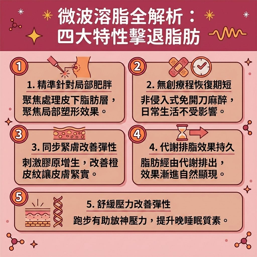 這是一張 1:1 正方形的扁平化向量資訊圖表,主題為「微波溶脂全解析:四大特性擊退脂肪」。圖表詳細介紹了這項先進的無創減脂療程。透過專利微波技術與特殊的專利探頭,能破壞脂肪薄膜並使脂肪細胞受熱凋亡。這項醫學美容技術比傳統射頻或冷凍溶脂更具穿透力,能針對深層脂肪,精準擊退局部肥胖。
此技術是極佳的醫美定位修形工具,能有效處理大腿外側、肚腩、雙下巴、拜拜肉與臀部的頑固皮下脂肪。除了減少脂肪數量與溶解頑固脂肪,微波能量還能深入真皮層,刺激膠原增生並強化彈性纖維與膠原蛋白。這不僅能改善皮膚鬆弛、提升皮膚彈性、收緊身體線條,更能改善凹凸不平並徹底消除頑固贅肉與橙皮紋。
凋亡的脂肪會觸發巨噬細胞透過淋巴系統進行清理。透過促進淋巴排毒與新陳代謝,加速脂肪代謝將廢物排出。建議搭配熱量赤字飲食,能幫您突破減肥停滯期、緊緻身體輪廓,最終塑造完美體態。背景顏色延伸至最底端邊緣,無多餘文字。