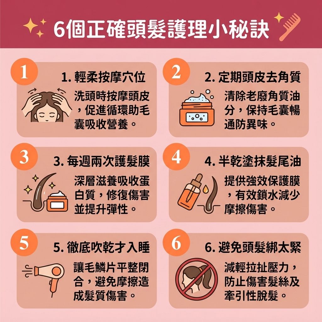 這是一張 1:1 正方形的可愛扁平化向量資訊圖表插畫,呈現台灣健康部落格風格。圖中詳細解說正確的【頭髮護理步驟】與【日常頭皮護理】。避開圖中六大錯誤,能有效保護【頭皮】與【毛囊】,維持正常的【頭皮油脂分泌】,避免【皮脂腺】異常及保護【角質層】免受高溫破壞。
圖表教導大家如何透過【溫和清潔頭皮】與定期的【深層清潔頭皮】來發揮【洗頭水】的功效並【解決毛孔堵塞】;同時正確使用【護髮素】與【髮膜】為髮絲【補充頭髮營養】(如補充【角蛋白】、【蛋白質】及【胺基酸】),進而完美【修復受損髮絲】。良好的護理習慣有助【改善頭皮環境】、【舒緩頭皮敏感】,並促進整體的【血液循環】。
相反地,若因體內【荷爾蒙】失調、或是【雙氫睪酮】過高引發【雄性禿】等嚴重【脫髮】問題,單靠洗護是不夠的。這時需要積極的【預防脫髮方法】來【減少掉髮數量】。圖表下方小字專欄提醒,若想【強健脆弱髮根】、【延長生長週期】及【促進頭髮生長】,可考慮諮詢醫生使用【生髮水】,或尋求包含【激光】技術在內的【生髮療程】與【專業生髮療程】來【激活休眠毛囊】。對於急需【改善頭髮稀疏】的患者,圖表亦簡單列出了【織髮技術比較】與【織髮】選項,以及終極的【植髮手術推薦】與【植髮】指南,全方位守護您的健康秀髮!