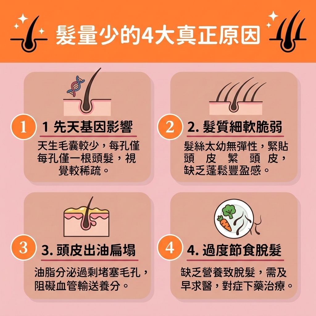 這是一張 1:1 正方形的扁平化向量資訊圖表插畫,深入分析【髮量少】的四大成因與實用的【預防脫髮方法】。當【頭皮】的【皮脂腺】分泌失衡,且缺乏【溫和清潔頭皮】與【日常頭皮護理】時,會破壞脆弱的【角質層】,引發【頭瘡】與【頭皮屑】。若不及時【抑制頭皮油脂】、進行【頭皮深層清潔】以【解決毛孔堵塞】,將會引發嚴重的【脫髮】。
體內的【荷爾蒙】如【雌激素】驟降,或異常轉化為【雙氫睪酮】誘發【雄性禿】時,會猛烈攻擊【毛囊】與【髮根】。此外,過度節食導致缺乏【蛋白質】、【氨基酸】與不良的【血液循環】,會使【頭髮】失去【黑色素】並加速掉落。
為了【強健脆弱髮根】、【延緩毛囊老化】並【舒緩頭皮敏感】,我們必須積極【補充頭髮營養】及【改善頭皮環境】。醫學界建議可使用【生髮水】來【刺激毛囊再生】與【激活休眠毛囊】。這些【專業生髮療程】能有效【延長生長週期】、【促進頭髮生長】並【減少掉髮數量】。最終達到【改善頭髮稀疏】、【增加頭髮密度】與【增加頭髮厚度】的理想目標。若毛囊已壞死,