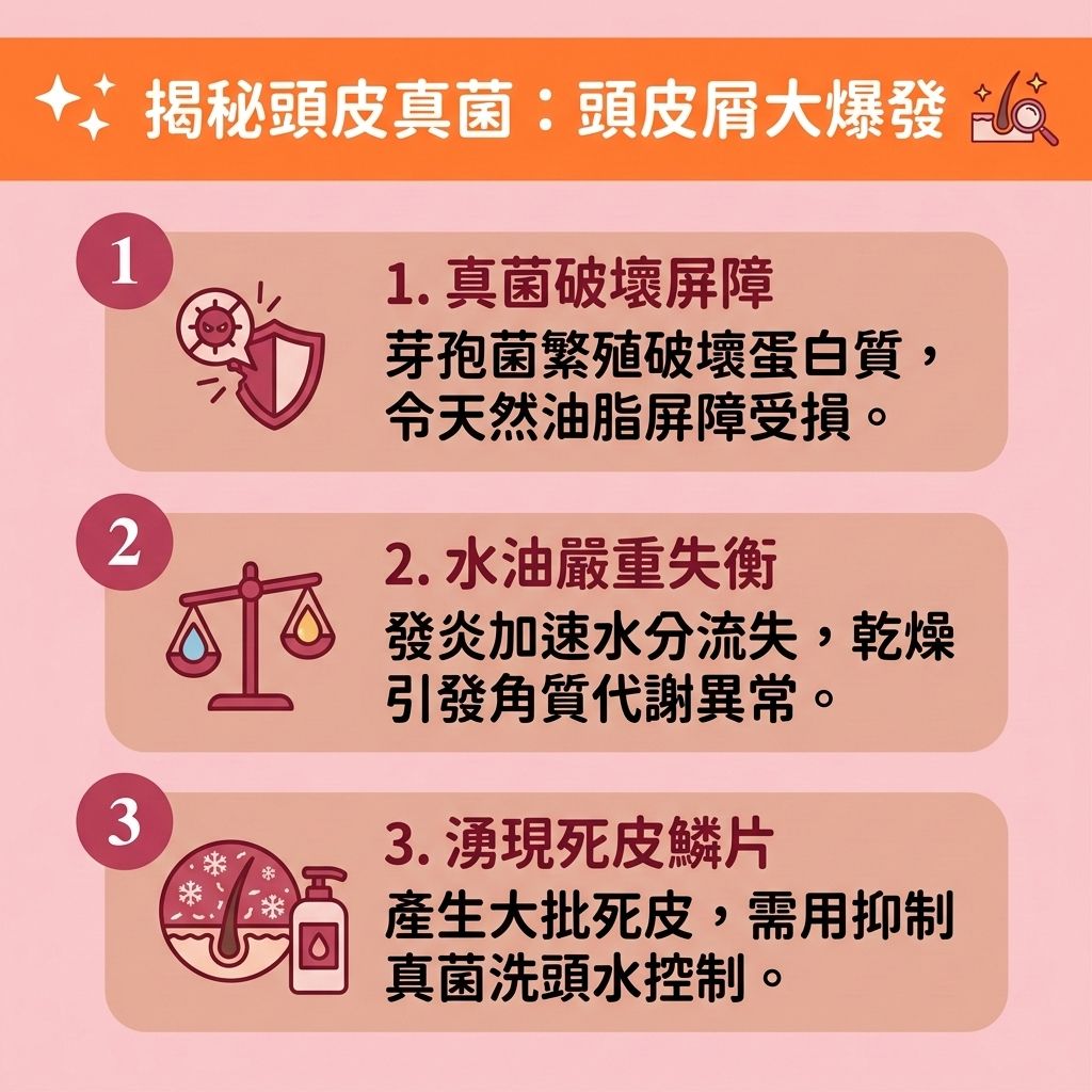 這是一張 1:1 正方形的扁平化向量圖,以台灣健康部落格的可愛醫美風格,詳細解說【頭皮】真菌引發的健康危機。畫面中顯示,當【皮脂腺】異常分泌引發【馬拉色菌】等真菌過度繁殖時,會破壞表皮的【蛋白質】與【角質層】,導致惱人的【頭皮屑】與【頭瘡】增多,甚至引發【毛囊炎】。
當【血液循環】不佳,加上【荷爾蒙】轉化為【雙氫睪酮】時,便會無情攻擊【毛囊】,導致【雄性禿】與異常【脫髮】。受損的【頭髮】甚至會失去【黑色素】而提早變成【白髮】。
為落實【預防脫髮方法】,圖表強烈建議必須注重【日常頭皮護理】,透過【溫和清潔頭皮】與【頭皮深層清潔】,來【抑制頭皮油脂】並【解決毛孔堵塞】,達到【抗菌消炎】與【舒緩頭皮紅腫】的效果。這不僅能【解決頭皮痕癢】、【減少頭皮屑】,更能【舒緩頭皮敏感】與【改善頭皮環境】。
圖表下方建議適時補充【氨基酸】,以【補充頭髮營養】,這有助於【促進血液循環】與【延緩毛囊老化】。若要【改善頭髮稀疏】,除了日常使用【生髮水】來【強健脆弱髮根】並【刺激毛囊再生】,情況嚴重者也可尋求【專業生髮療程】或【植髮】的幫助,有效【減少掉髮數量】!