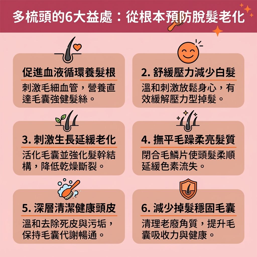 這是一張台灣健康部落格風格的 1:1 正方形資訊圖表,詳細介紹梳頭好處與正確梳頭方法。圖中展示了如何使用合適的梳子(如氣墊梳與豬鬃毛材質,這也是常見的梳子種類推薦)來進行日常護理。透過梳頭方向技巧,從髮根梳至髮尾,不僅能梳開打結頭髮,還能預防頭髮靜電與消除靜電,有效減少髮絲斷裂。
圖表指出,配合護髮油並遵循正確的護髮梳頭順序,可以撫平毛躁頭髮,讓毛鱗片閉合,保護脆弱的髮絲與頭髮。針對頭皮保養,洗頭前梳頭能有效清潔頭皮污垢,去除多餘皮脂、角質與污垢,促進新陳代謝。
此外,利用氣墊梳按摩來按摩頭皮穴位(刺激穴位與經絡),能舒緩頭部壓力,並促進血液循環(改善血液循環)。這有助於刺激毛囊生長、分泌天然油脂,深層滋養毛囊。只要掌握合適的梳頭次數建議,就能達到梳頭防掉髮的效果,完美改善脫髮問題並遠離脫髮困擾。