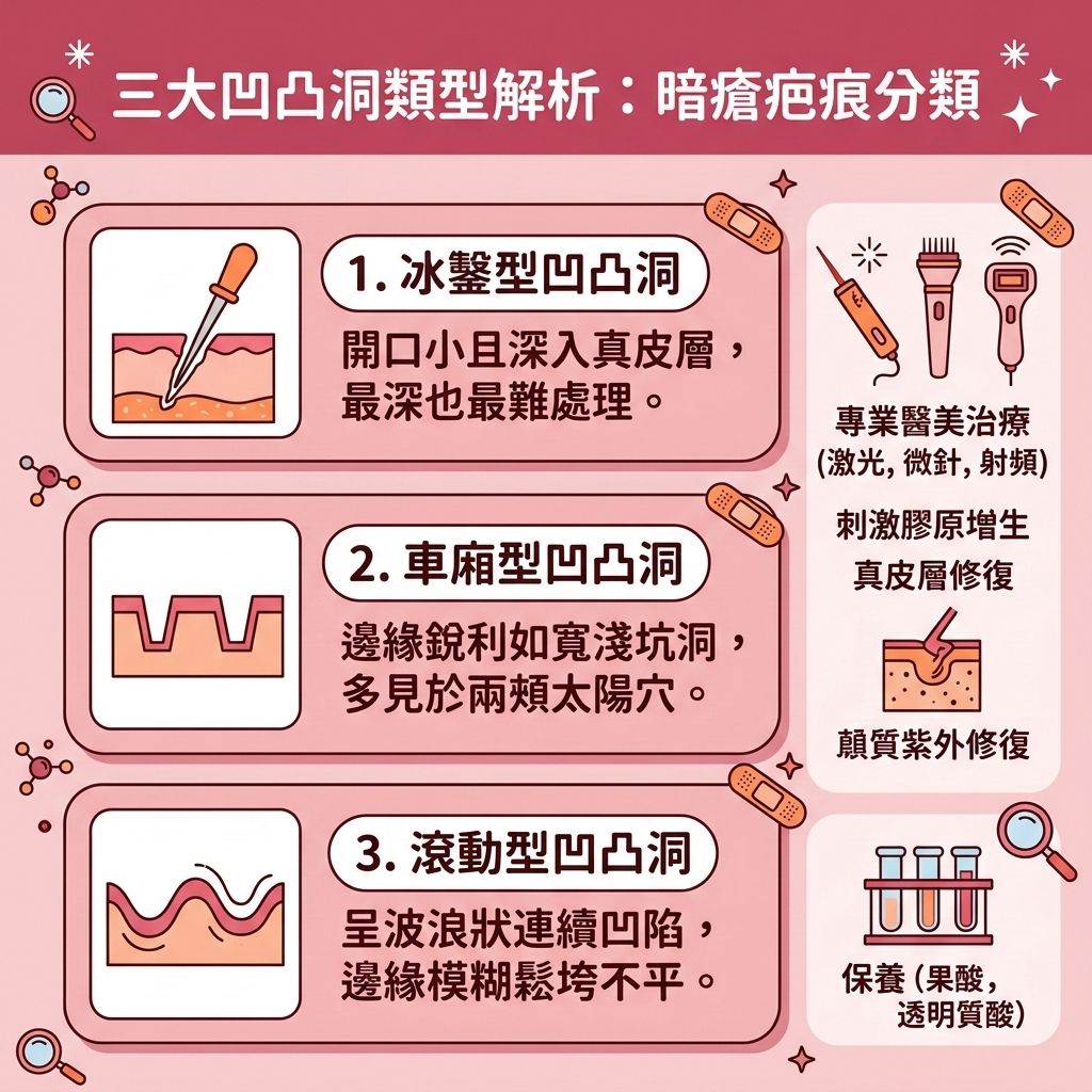 這是一張 1:1 正方形的扁平化向量資訊圖表插畫,採用台灣健康部落格風格,介紹三大【凹凸洞】類型及【凹凸洞治療方法】。當【皮脂腺】分泌過盛導致【毛孔】堵塞形成【暗瘡】,若伴隨嚴重的【發炎反應】,會傷及深層的【真皮層】與【纖維組織】,導致【膠原蛋白】流失,最終留下無法靠【暗瘡印自然消退】的【暗瘡疤痕】。
圖表詳細解析了冰鑿型、車廂型與滾動型疤痕,並教導大眾如何【撫平面部疤痕】及【修復受損肌膚】。日常保養可使用含【果酸】、【水楊酸】或【維他命A醇】的產品來【溫和去除角質】,並配合【透明質酸】做好保濕,幫助【加速新陳代謝】、【代謝】【角質層】與【收細粗大毛孔】。但嚴重的組織塌陷無法單靠保養達到【凹凸洞自然修復】。
要真正【填補肌膚凹陷】與【重塑平滑美肌】,必須尋求【醫學美容】的【醫美去印推介】。圖表側邊推薦了專業的【微針去印療程】(利用【微針】)、【激光去疤推薦】(如【激光】與【皮秒激光】)及【射頻】技術,能直達肌底【促進細胞更新】與【刺激膠原增生】,進行【深層組織修復】。這不僅能【改善皮膚粗糙】與【淡化黑色素疤痕】(打散【黑色素】),更能大幅縮短【暗瘡疤痕修復期】,有效【預防暗瘡復發】!
