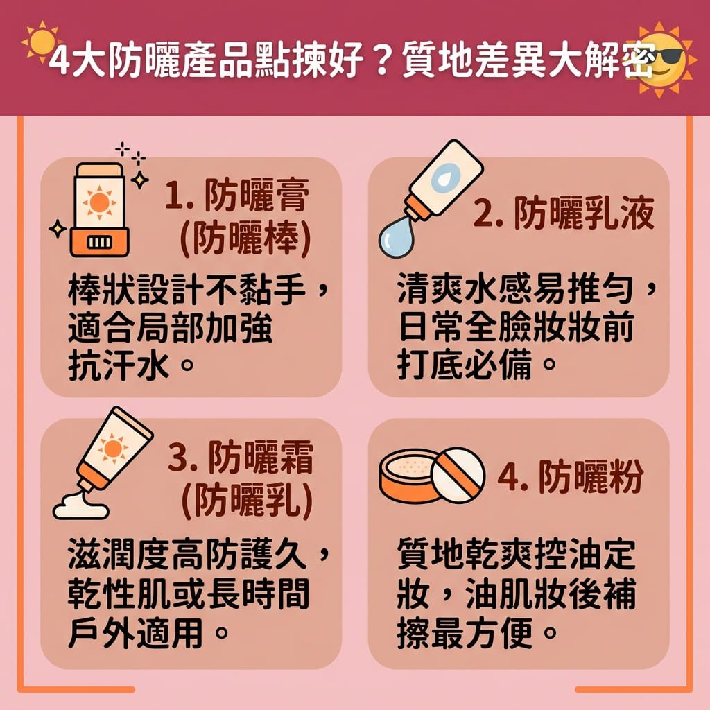 這是一張台灣健康部落格風格的 1:1 正方形扁平化資訊圖表,詳細解說四大防曬質地與正確的【補防曬方法】。面對強烈【紫外線】,若不做好【日常防曬】來【阻隔紫外線】,容易導致【黑色素】於【表皮層】及【真皮層】積聚,造成【角質層】受損並形成【色斑】、【雀斑】與【太陽斑】。
圖表比較了【防曬霜】、【防曬棒】(【防曬棒推薦】)、【防曬粉】與【防曬噴霧】的差異。優質的【物理防曬】產品通常含有【氧化鋅】與【二氧化鈦】等【物理防曬成分】,相比【化學防曬】,更適合作為【敏感肌防曬】。選擇【清爽不黏膩】、【輕薄透氣】且【不阻塞毛孔】的防曬【護膚品】與【化妝品】,能有效【抵禦光老化】及【防止肌膚老化】。
外出時【隨身攜帶防曬】進行【補妝防曬】,能全面【提升防曬力】。這不僅能【預防色斑形成】與【預防黑色素沉澱】,更能幫助【改善色素沉澱】、【改善膚色不均】並【提亮膚色】,保護肌底【膠原蛋白】。若已有嚴重深層色斑,建議前往專業醫美【診所】尋求合適【療程】協助,精準【擊碎深層黑色素】。