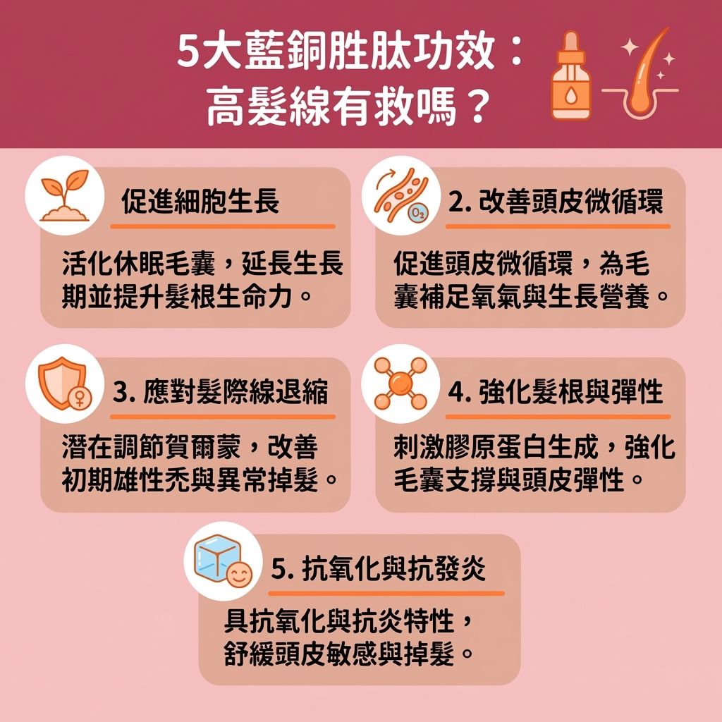 這是一張台灣健康部落格風格的 1:1 正方形資訊圖表,詳細圖解了藍銅胜肽的強大藍銅胜肽生髮效果。圖表深入探討如何透過這種優質的抗衰老生髮保養成分來對抗脫髮與雄性禿。在雄性禿治療方法中,它能潛在地抑制雙氫睪酮(即雙氫睪酮),對於預防髮線後移及解決頭髮稀疏有顯著幫助。
圖表指出,使用含有此成分的藍銅胜肽精華、生髮液或藍銅胜肽洗頭水,能深入真皮層,活化頭皮細胞與深層細胞,並刺激毛囊生長。它由多種氨基酸組成,能促進蛋白質合成,並作為強效抗氧化劑對抗自由基,同時舒緩頭皮發炎,減輕頭皮與毛囊的炎症。
透過改善頭皮血液循環,它能促進微血管的血液循環與新陳代謝,從而修復受損毛囊並延長毛髮生長期。這不僅能促進膠原蛋白增生(增加膠原蛋白與彈性蛋白),更能強化髮根健康,從髮根根本增強髮絲韌度。若擔心自身基因影響或藍銅胜肽副作用,建議諮詢皮膚科醫生。正確使用能有效增加頭髮密度並減少掉髮數量。