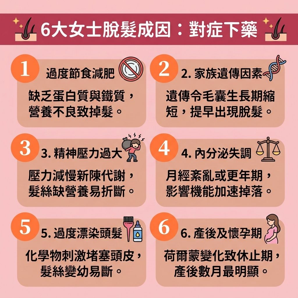 這是一張 1:1 正方形的可愛扁平化向量資訊圖表,採用台灣健康部落格風格,深入探討【女性脫髮原因】與【防脫髮洗頭水】的正確觀念。圖表列出6大【脫髮】成因。首先,受基因影響的【遺傳性脫髮】及【脂溢性脫髮】(類似【雄性禿】),當體內【睪酮】轉為【雙氫睪酮】,會嚴重破壞脆弱的【毛囊】。若缺乏正確的【日常頭皮護理】或使用含【矽靈】的產品,會導致【角質層】受損與【頭皮油脂分泌】過盛,進而引發【皮脂腺】堵塞及【毛囊炎】。
為達到【減少掉髮】與【改善頭髮稀疏】的目標,理想的【預防脫髮方法】包含使用【無矽洗頭水】來【溫和清潔頭皮】並【解決毛孔堵塞】。富含【胺基酸】與【咖啡因】的洗髮產品,能發揮極佳的【咖啡因洗髮露功效】,有效【改善頭皮血液循環】,幫助【頭皮】的【血液循環】,從而【強健髮根】。
此外,壓力與過度減肥會影響【荷爾蒙】與【雌激素】的平衡,需特別注意【抑制荷爾蒙】劇烈波動。針對嚴重情況,【雄性禿治療】可能需要醫學級介入,例如使用含有【米諾地爾】或【非那斯特萊】成分的【生髮水】,以【激活休眠毛囊】、【延長生長週期】並【促進頭髮生長】。若毛囊已完全壞死,則建議尋求【植髮】或【專業生髮療程】。