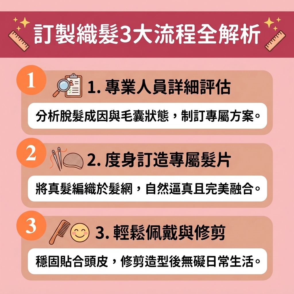 這是一張 1:1 正方形的扁平化向量資訊圖表插畫,採用台灣健康部落格風格,詳細介紹【無創增髮技術】中的【織髮】訂製流程。面對【脫髮早期先兆】或嚴重的【雄性禿】與【脫髮】問題,當體內【荷爾蒙】轉化為【雙氫睪酮】並影響【毛囊】與【皮脂腺】時,許多人會尋求【解決地中海脫髮】與【髮線後移治療】。
在【脫髮治療比較】中,除了使用含【米諾地爾】的【生髮水】、服用【非那斯特萊】或利用【鋸棕櫚】進行【鋸棕櫚防脫髮】來【抑制男性荷爾蒙】作為【預防脫髮方法】外;患者也可選擇【專業生髮療程】與【植髮】來【刺激毛囊再生】、【強健脆弱髮根】、【促進頭髮生長】並改善【血液循環】。若想快速【改善頭髮稀疏】與【遮蓋禿頭】,織髮是極佳的物理性選擇。
圖表顯示,織髮將【真髮】細膩編織於透氣【髮網】上,相較於傳統【假髮】,【織髮效果比較】更為自然逼真,能瞬間【增加頭髮密度】並完美修飾【髮線】。佩戴時可能會使用專用【黏合劑】固定於【頭皮】上。為維持並【改善頭皮環境】,圖表提醒配戴者需注意【定期修剪護理】,避免頭皮悶熱引發【頭皮敏感痕癢】或【阻塞毛孔發炎】,