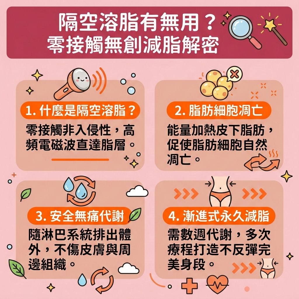 這是一張台灣健康部落格風格的正方形教育性醫美資訊圖表,帶你深入了解隔空溶脂的原理與局部減脂效果。圖表生動地展示了這種無創減脂療程與非接觸式溶脂技術,如何透過儀器探頭發射射頻與熱能,穿透皮膚直達皮下脂肪,精準破壞脂肪細胞,引發細胞凋亡。
死去的脂肪細胞會透過淋巴系統與新陳代謝自然排出,有效促進淋巴排毒。這不僅能燃燒深層脂肪與消除頑固脂肪,更是安全無痛減肥的最佳選擇。對於想改善中央肥胖、縮小腰圍、減掉大肚腩或粗大腿的人來說,這種大範圍溶脂能顯著降低體脂率與體重,幫你減少脂肪積聚。即使是難搞的內臟脂肪,也能配合健康生活達到不反彈減脂。
圖表還強調,這項隨做隨走療程在減脂同時能刺激膠原增生,補充膠原蛋白以收緊鬆弛肌膚。若想突破減肥停滯期,可以尋求醫學美容的幫助,例如香港完美醫療提供的專屬瘦身方案與療程。透過專業的醫美定位修形,輕鬆打造平坦小腹,完美雕塑身形與塑造完美曲線!