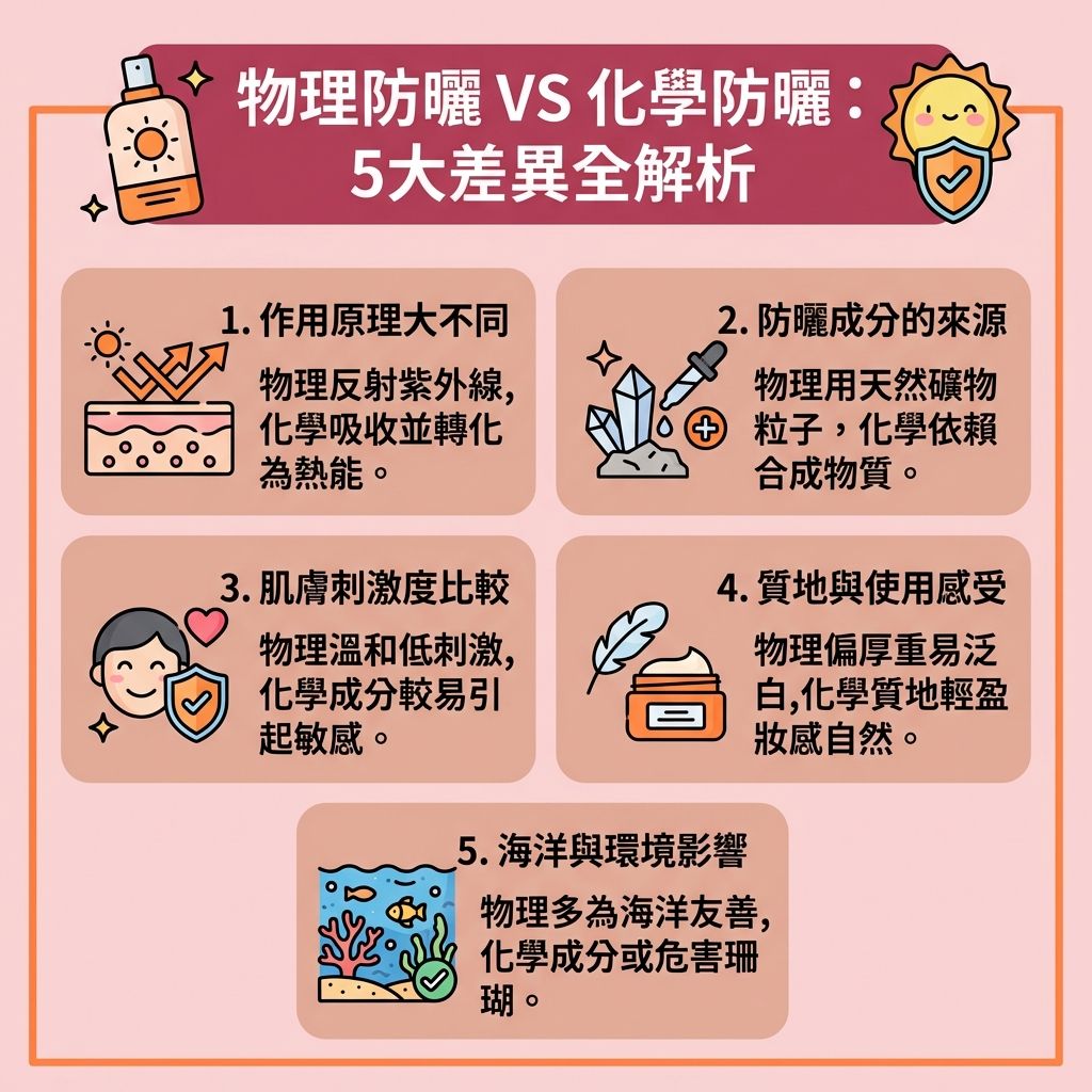 這是一張台灣健康部落格風格的 1:1 正方形扁平化資訊圖表,詳細解說【物理防曬】與【化學防曬分別】。當【紫外線】穿透【角質層】、【表皮層】直達深層【真皮層】時,會引發【黑色素】積聚,形成【色斑】、【雀斑】與【太陽斑】。為【抵禦光老化】及【防止肌膚老化】,挑選合適的【防曬霜】、【隔離霜】或【素顏霜】等【化妝品】與【護膚品】至關重要。
圖表指出,【物理防曬成分】如【二氧化鈦】與【氧化鋅】能像鏡子般【反射紫外線】及【阻隔紫外線】,這類【物理防曬推薦】產品【溫和不刺激】,是極佳的【孕婦防曬推薦】與【敏感肌適用】選擇,對【敏感肌】十分友善,且多為【海洋友善防曬】。雖然偶有【泛白問題】,但能【提亮膚色】與【改善膚色不均】,有效【預防色斑形成】與【預防黑色素沉澱】。
相對而言,【化學防曬】以吸收轉化為主,質地【清爽不黏膩】、【不阻塞毛孔】。無論您選擇哪種【防曬系數】的產品,回家後都必須使用【卸妝水】進行徹底的【卸妝清潔】,以維持【毛孔】健康無負擔。