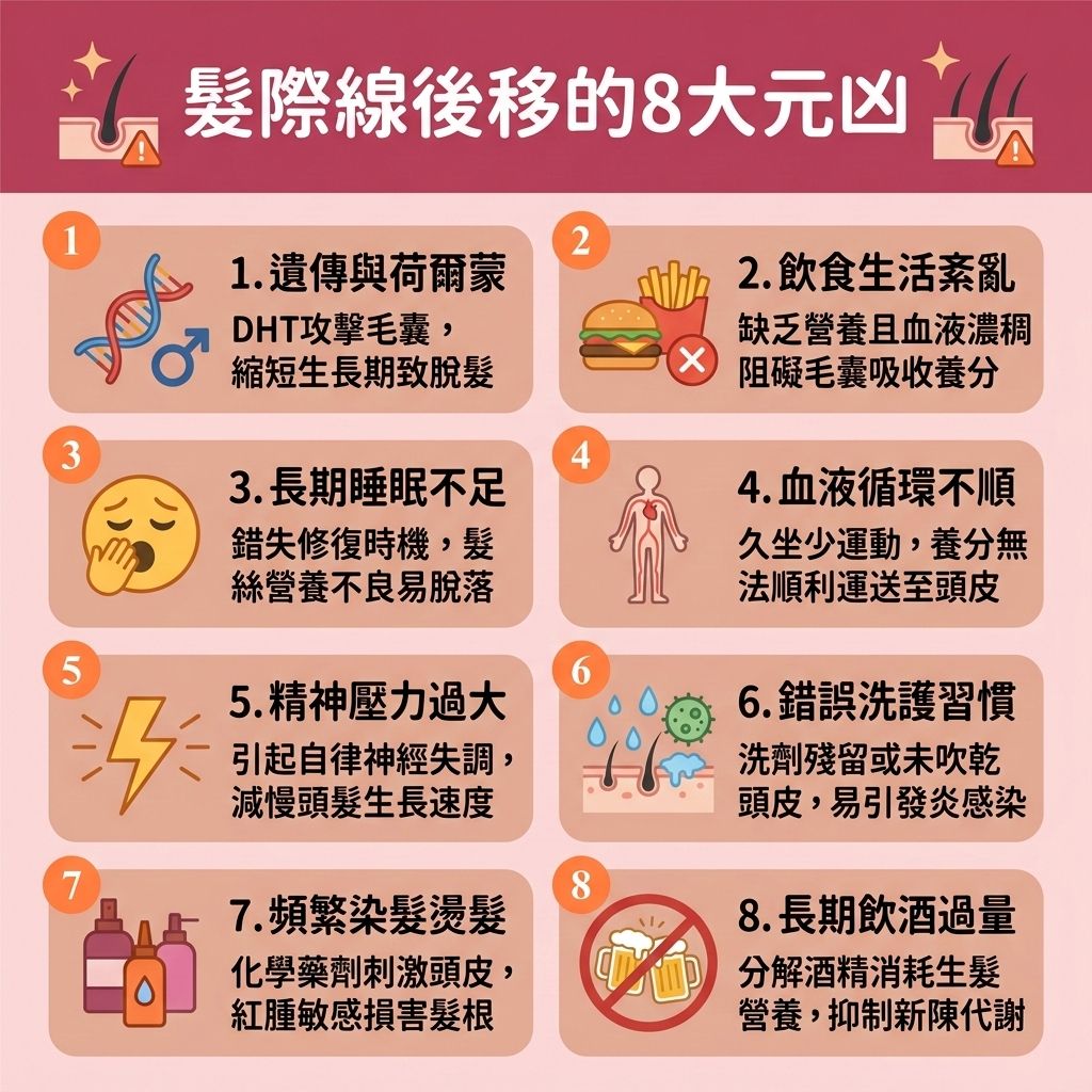 這是一張 1:1 正方形的可愛扁平化資訊圖表,採用台灣健康部落格風格,詳細解析【髮際線後移】與【脫髮】的8大成因。圖表指出,【遺傳】是關鍵,當體內的【睪酮】等【荷爾蒙】轉化為【雙氫睪酮】時,會攻擊【頭皮】的【毛囊】,引發【雄性禿】與【男性脫髮危機】,也是常見的【女性脫髮原因】。這會導致【額角】與【髮際線】退縮,是明顯的【脫髮早期先兆】。
不良作息會影響【血液循環】與【皮脂腺】的【頭皮油脂分泌】,破壞【頭髮】生長。為落實【預防脫髮方法】並【改善頭皮環境】,醫學上建議及早【解決前額脫髮】。常見對策包括使用含【米諾地爾】的【生髮水】,或口服【非那斯特萊】及【生髮藥】來【抑制男性荷爾蒙】。同時可搭配【鋸棕櫚】及【鋸棕櫚防脫髮】產品,以【強健脆弱髮根】,並【刺激毛囊再生】與【激活休眠毛囊】,進而【延長生長週期】、【促進頭髮生長】、【增加頭髮密度】並【改善頭髮稀疏】。
若擔心【生髮水副作用】,也可考慮【專業生髮療程】、先進的【無創增髮技術】如【織髮】,或直接進行【植髮】手術,全面拯救頂上危機!
