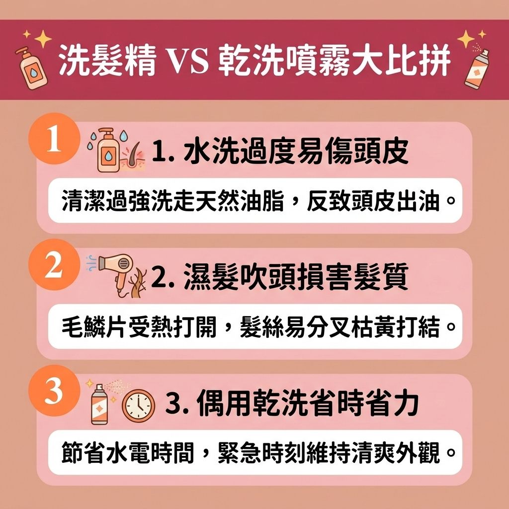 這是一張 1:1 正方形的可愛扁平化向量醫美資訊圖表,採用台灣健康部落格風格,教導大眾【日常頭髮護理】與【正確使用方法】。畫面中對比了傳統【洗頭水】與【免沖水洗髮】的【頭髮乾洗噴霧】(或稱【乾洗髮】)之差異。
圖表左側指出,過度依賴水洗來【清潔頭皮污垢】,容易破壞【頭皮】的【角質層】與天然【油脂】,導致【皮脂腺】失衡,無法有效【控制油脂分泌】。這會引發【頭皮痕癢紅腫】,讓【細菌】滋生,進而產生【頭瘡】、【頭皮屑】甚至【毛囊炎】,最終可能【加劇脫髮問題】與【脫髮】。
圖表右側介紹,乾洗噴霧含有【澱粉】與【酒精】等成分,能迅速【吸附頭皮油脂】並【去除頭髮異味】。噴灑於【髮絲】與【髮根】後,能瞬間【解決頭髮扁塌】、【增加頭髮蓬鬆度】並【保持頭髮乾爽】。
但下方同時發出警告,對於【敏感肌】人士,乾洗產品中的【化學物質】與【粉末】若未能徹底清潔,這些【殘留化學成分】會【堵塞頭皮毛孔】與【毛囊】,不僅會【破壞頭皮屏障】、【引起頭皮敏感】,更無法【舒緩頭皮發炎】。因此,圖表建議必須定期【深層清潔頭皮】,確實【清洗乾洗粉末】,才能真正【改善頭皮環境】!