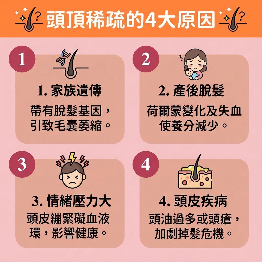 這是一張 1:1 正方形的可愛醫美資訊圖表,教你認清【頭頂稀疏】與【地中海】的【脫髮早期先兆】。無論是【遺傳】還是【壓力】造成的【女性脫髮原因】或【男性脫髮危機】,當【頭皮】的【皮脂腺】異常,【頭皮油脂分泌】過剩並引發【頭瘡】與破壞【角質層】時,就是【脫髮】警號。若體內【荷爾蒙】失調,轉化為【雙氫睪酮】,便會引發【雄性禿】,嚴重攻擊【毛囊】。
為落實【預防脫髮方法】與【日常頭皮護理】,需確保頭部【血液循環】順暢並補充【蛋白質】以【改善頭皮環境】。面對初期徵兆,應及早【改善頭頂稀疏】與【改善頭髮稀疏】。醫學上可透過外用含【米諾地爾】的【生髮水】,或口服【非那斯特萊】來【抑制男性荷爾蒙】,從而【強健脆弱髮根】、【延長生長週期】。
若尋求【專業生髮療程】來【激活休眠毛囊】、【刺激毛囊再生】、【促進頭髮生長】並【增加頭髮密度】,可考慮【無創增髮技術】或【醫療紋髮技術】(如【紋髮】)。要徹底【解決地中海脫髮】,最終可選擇【植髮】手術,重拾自信光彩!