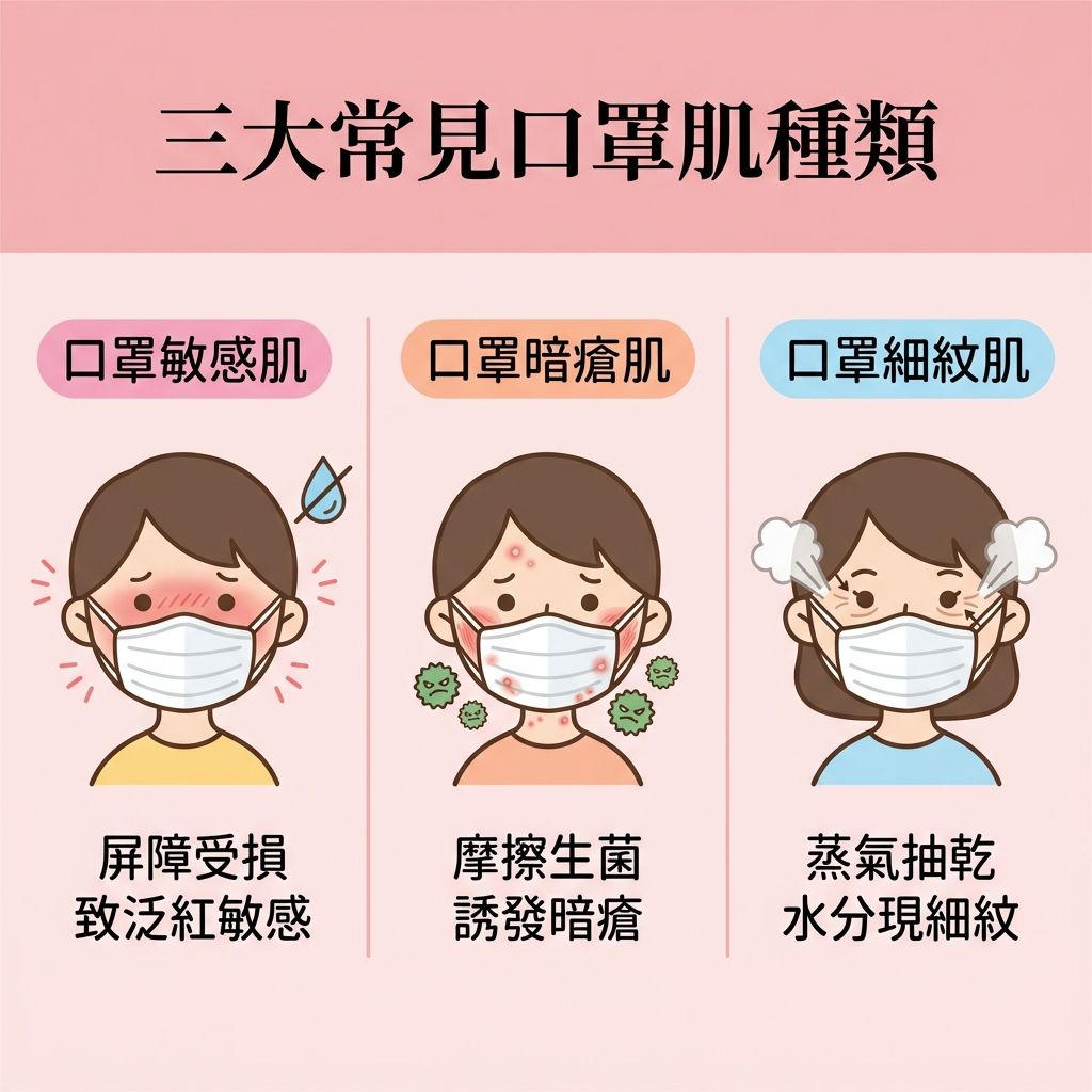 這是一張正方形扁平化醫美資訊圖表,主題為解析戴口罩引發的三大口罩肌問題。圖表上方顯示長時間佩戴會讓汗水與油脂積聚,影響皮脂腺與角質層。
第一種是敏感肌,悶熱環境破壞了皮膚屏障,容易引發濕疹與玫瑰痤瘡,需要及時修復屏障、舒緩敏感及改善泛紅,日常應做好鎖水保濕並定期更換口罩以保持乾爽。第二種是暗瘡肌,因摩擦產生微小傷口,令細菌入侵,導致毛孔堵塞,長出粉刺與黑頭。建議透過深層清潔與溫和潔面來疏通毛孔、軟化角質及抑制油脂分泌。護理上需消炎殺菌與預防發炎,並盡量減輕摩擦。第三種是眼周細紋,呼出的熱氣加速水分流失。為減輕肌膚負擔,應簡化護膚程序,塗抹護膚品與防曬時要避免厚重底妝,以達致水油平衡。
若想徹底解決肌膚困擾,圖表強烈推薦完美醫療的專業暗瘡分手療程,療程不僅能針對性解決問題,更能刺激膠原增生,長效預防復發,重拾健康膚質。