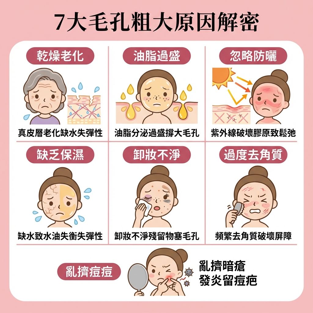 是一張正方形扁平化醫學美容資訊圖表,教導如何改善毛孔粗大。圖表指出,受荷爾蒙影響或清潔不當,皮脂腺過度活躍會產生黑頭、粉刺及暗瘡。若未能徹底卸妝與深層清潔,會造成毛孔堵塞。另外,紫外線產生的自由基會加速皮膚老化,破壞膠原蛋白與彈性纖維。
日常護理建議使用含水楊酸或果酸的產品來溫和去角質與溶解黑頭,從而疏通毛孔及預防堵塞。同時要注重保濕鎖水(如補充透明質酸)與做好防曬保護,以達致水油平衡、控制油脂分泌與修復皮膚屏障。切忌亂擠痘痘以免留下凹凸洞。
為達致延緩衰老與改善粗糙膚質,圖表推薦透過專業療程如激光治療來促進新陳代謝、刺激膠原增生、緊緻肌膚並提升彈性。強烈建議體驗完美醫療的專業暗瘡分手療程,有效淡化暗瘡印、收細毛孔,為您重塑平滑與健康的角質層。