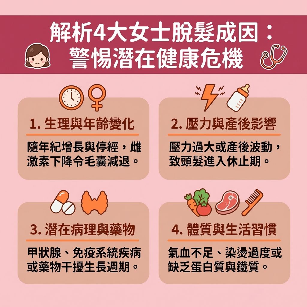 這是一張台灣健康部落格風格的 1:1 正方形扁平化資訊圖表,詳細探討女士異常掉髮原因。當出現突然大量甩頭髮、女性髮際線後移或頭髮稀疏身體警號時,可能是潛在疾病的徵兆。圖表解析了多種脫髮成因,包括因停經與更年期荷爾蒙變化引起的生理性掉髮,以及壓力造成的壓力性休止期脫髮,還有常見的產後所帶來的產後脫髮嚴重問題。
在病理性方面,圖表指出內分泌失調脫髮(如甲狀腺異常引起的甲狀腺減退掉髮,或婦科病如卵巢多囊症引起的多囊卵巢綜合症症狀及婦科疾病脫髮徵兆)會嚴重影響內分泌與頭皮健康。此外,免疫系統問題如紅斑狼瘡(需留意紅斑狼瘡早期症狀)會導致免疫系統疾病掉髮或斑禿;而糖尿病患者也需注意糖尿病併發症脫髮。同時要警惕營養不良與營養不良導致脫髮,例如貧血與缺乏鐵質引發的缺鐵性貧血脫髮。圖表亦提及某些藥物副作用,以及女性雄性禿特徵所表現的雄性禿。為了挽救毛囊,若遇到上述情況,強烈建議進行脫髮身體檢查推薦並尋求皮膚科醫生診斷,由專業醫生評估是否需要進行頭皮毛囊萎縮治療,以策安全。