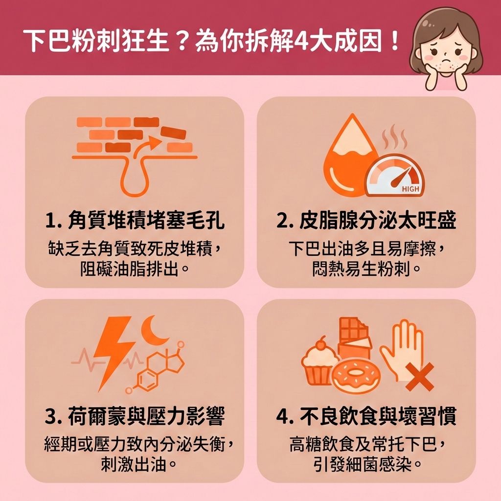 這是一張台灣健康部落格風格的正方形醫美資訊圖表,詳細解說下巴****粉刺的4大成因。圖中一位可愛女孩正煩惱著下巴的暗粒、白頭與黑頭。第一,當角質層過厚,我們需要去除老廢角質來疏通堵塞毛孔與深層清潔毛孔。第二,下巴的皮脂腺容易分泌過多油脂,若戴口罩悶熱更易引發暗瘡。我們應使用卸妝產品****徹底卸除彩妝,搭配洗面乳****溫和潔淨肌膚,以控制油脂分泌與溶解堆積油脂,但要小心護理以修復受損屏障(保護皮膚屏障)。
第三,荷爾蒙波動會引起內分泌失調,我們需要調節內分泌失調來調節水油平衡。針對頑固狀況,可適度使用含水楊酸或果酸的產品,能促進細胞代謝、改善粗糙膚質、減少黑頭粉刺並緊緻粗大毛孔(收細毛孔)。日常絕對要避免過度擠壓,這有助於舒緩紅腫發炎、預防暗瘡形成及改善下巴暗粒。若問題嚴重,請尋求專業皮膚科醫生協助。圖表最後推薦香港完美醫療的專業醫美療程,包含激光去印療程與皇牌「暗瘡分手療程」,助您輕鬆告別肌膚煩惱!
