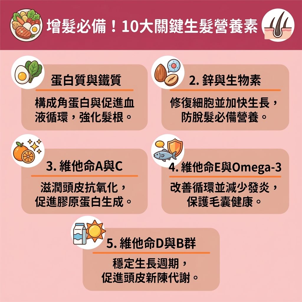 這是一張台灣健康部落格風格的 1:1 正方形資訊圖表,主題為防脫髮食療大全與增加髮量食物推薦。許多人常問吃什麼生髮最快?圖表詳細列出了十種促進頭髮生長營養,幫助您建立良好的頭皮健康飲食習慣。為了解決掉髮缺乏營養的問題,我們需要從日常營養素著手。
圖表指出,補充蛋白質防掉髮是關鍵,多吃雞蛋、瘦肉能食物補充角蛋白,因為蛋白質是構成角蛋白的核心。搭配菠菜等富含鐵質的食物,能加強鐵質吸收防脫髮並促進頭皮的血液循環。鋅與生物素也是不可或缺的,補充生物素生髮能鞏固髮絲,是完美的強化髮根食物名單。
在維他命方面,攝取充足維他命能保護毛囊,發揮膠原蛋白生髮作用(促進合成膠原蛋白)。為了攝取優質的脂肪酸(Omega-3),可多吃三文魚與堅果,並注意堅果生髮食用份量,這對於改善毛囊萎縮食物選擇及預防白髮變黑食物都有幫助。同時,中醫常推崇補血養髮中醫食療,例如發揮黑芝麻生髮功效的黑芝麻與黑豆,也是增加頭髮厚度食譜的常客。無論是為了尋求改善頭髮稀疏飲食、對抗一般脫髮,還是需要產後生髮飲食調理,這份指南都能助您養出濃密秀髮。