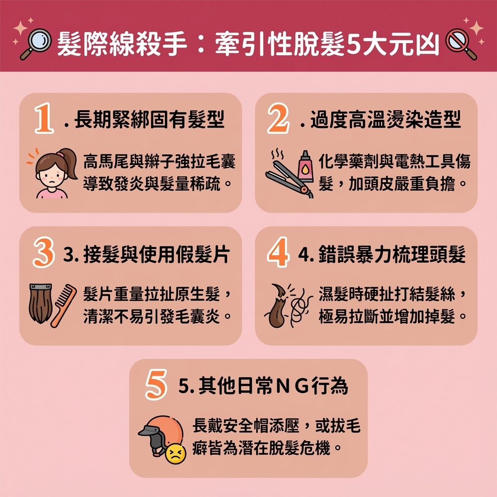 這是一張 1:1 扁平化醫美資訊圖表,主要探討牽引性脫髮,同時涵蓋全方位醫美毛髮管理。圖中指出過度拉扯會傷害【毛囊】。然而,在保衛頭髮的同時,部分女性卻面臨【女生長鬍子】或【美人生鬚原因】的困擾,這多與【荷爾蒙】失調、【多囊卵巢症】或體內【雄性激素】過剩有關。
為解決臉部【唇毛】、【面毛】與【面部雜毛】(甚至是【去除小鬍子】),不建議使用【剃刀】、【脫毛膏】或尋求【剃鬚膏推薦】,因易殘留粗糙的【鬚根】、破壞【角質層】,造成【毛髮倒生處理】的困擾,且無法【避免毛囊炎】。
圖表建議尋找專業的【脫毛公司】與【治療師】,了解【脫面毛邊間好】、【脫毛療程比較】與【激光脫毛價錢】(包含【學生脫毛優惠】)。專業【脫毛儀器】(如【755nm】與【808nm】波長)能精準破壞【粗硬毛髮】與【比基尼線】的【黑色素】。搭配【冷凍劑】能保護【敏感肌】,降低【激光反應】與【激光脫毛副作用】。透過【無痛激光脫毛】進行【全身脫毛】或【激光脫毛】,不僅能達到【永久脫毛效果】,做好【脫毛後護理】更能【收細毛孔】及【改善色素沉澱】!