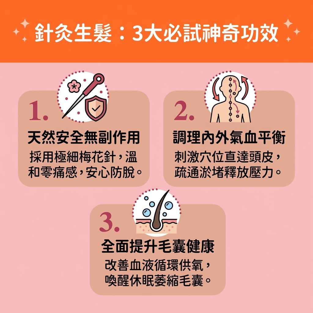 這是一張 1:1 扁平化醫美資訊圖表,介紹【中醫】如何透過【針灸】來【解決異常掉髮】與進行【中醫調理脫髮】。圖中展示專業醫師使用極細的【梅花針】進行治療,這能精準刺激【頭皮】的【穴位】並【按摩頭部穴位】,有效【疏通頭皮經絡】與【經絡】,達到【改善氣血不足】的效果。
當人體面臨【腎虛】、【脾胃】不佳、【肝血】不足或【荷爾蒙】與【內分泌】失衡(需要【調整內分泌失調】)時,會影響【新陳代謝】與【氣血】,進而引發【雄性禿】、【斑禿】或一般【脫髮】。透過針灸能【改善頭皮微循環】、【促進血液循環】及維持良好的【血液循環】,為深層【毛囊】輸送充足的【營養】。
這套療程能【激活休眠毛囊】、【刺激毛囊生長】、【延緩毛囊萎縮】,並【強健頭髮生長】。不僅能【滋養脆弱髮根】保護【髮根】,更能【修復受損髮絲】與【預防遺傳性脫髮】。除了【治療局部斑禿】與【改善頭皮環境】,針灸還能【舒緩精神壓力】、【提升睡眠質素】,最終大幅【增加頭髮密度】!