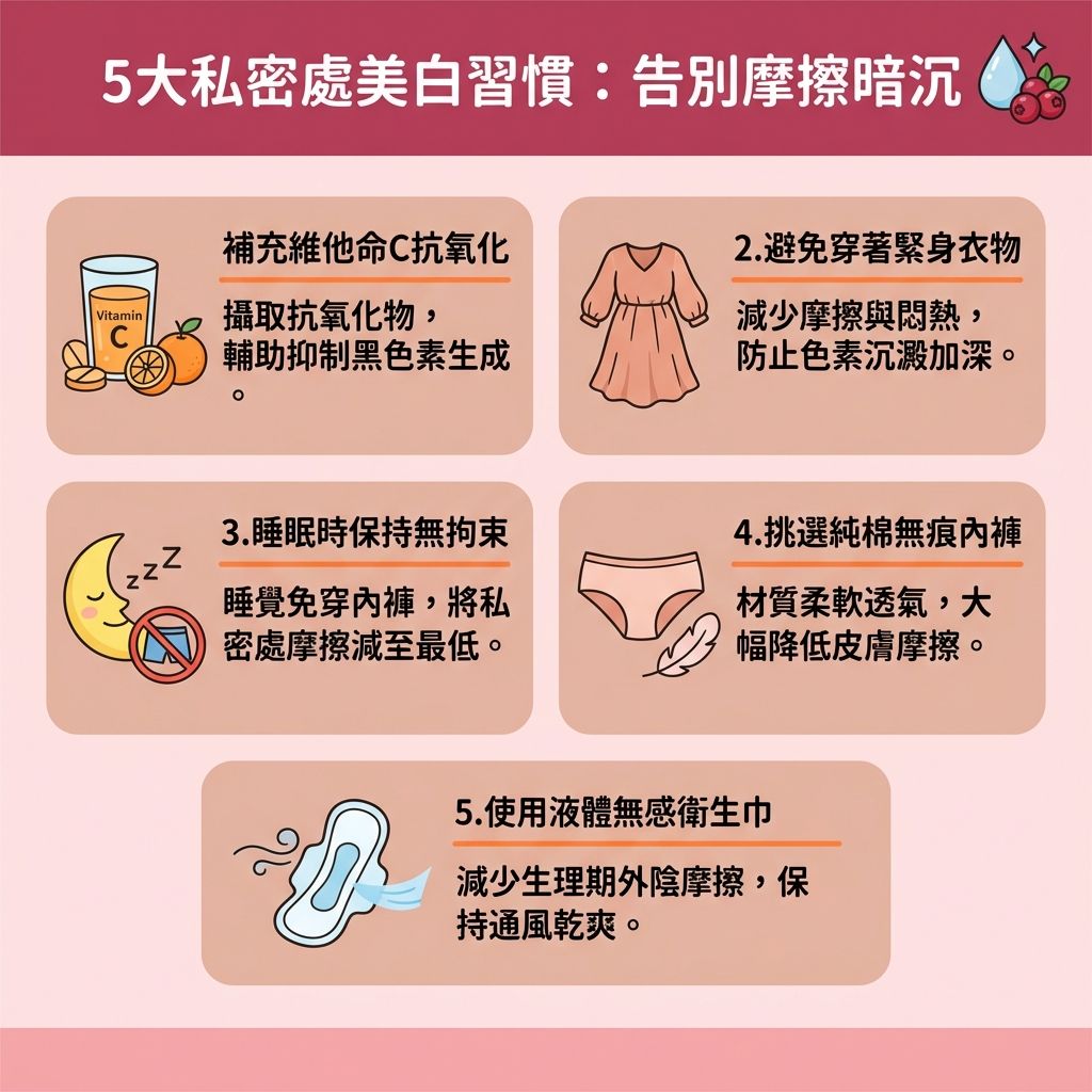 這是一張台灣健康部落格風格的 1:1 正方形資訊圖表,詳細解說私密處美白方法與日常的私密處保養步驟。圖表強調,私密處與比堅尼位變黑常因穿著緊身內褲導致過度摩擦,進而產生減少摩擦變黑的需求。此外,荷爾蒙與雌激素的變化,或是錯誤使用蜜蠟與剃刀除毛,都極易引發炎症,導致皮膚的毛囊受傷,並積聚死皮與角質,最終形成黑色素與色素沉澱。為了去除比堅尼黑印並解決私密處暗沉,我們必須避免毛囊發炎及預防毛髮倒生。
日常保養除了多補充維他命C,可使用含果酸成分的溫和去角質推薦產品,洗後搭配清爽的保濕霜,能幫助改善私密處乾燥、修復受損屏障與改善皮膚粗糙。許多人好奇私密處美白霜效果,但若想更快速徹底地改善色素沉澱,專業醫生通常會建議進行醫療級的私密處美白療程。而在除毛選擇上,比堅尼脫毛推薦採用專業的無痛激光脫毛(如比堅尼位激光脫毛),透過激光技術不僅能舒緩脫毛紅腫,還能同時達到激光私密處美白的雙重功效,並有效減少汗味異味,