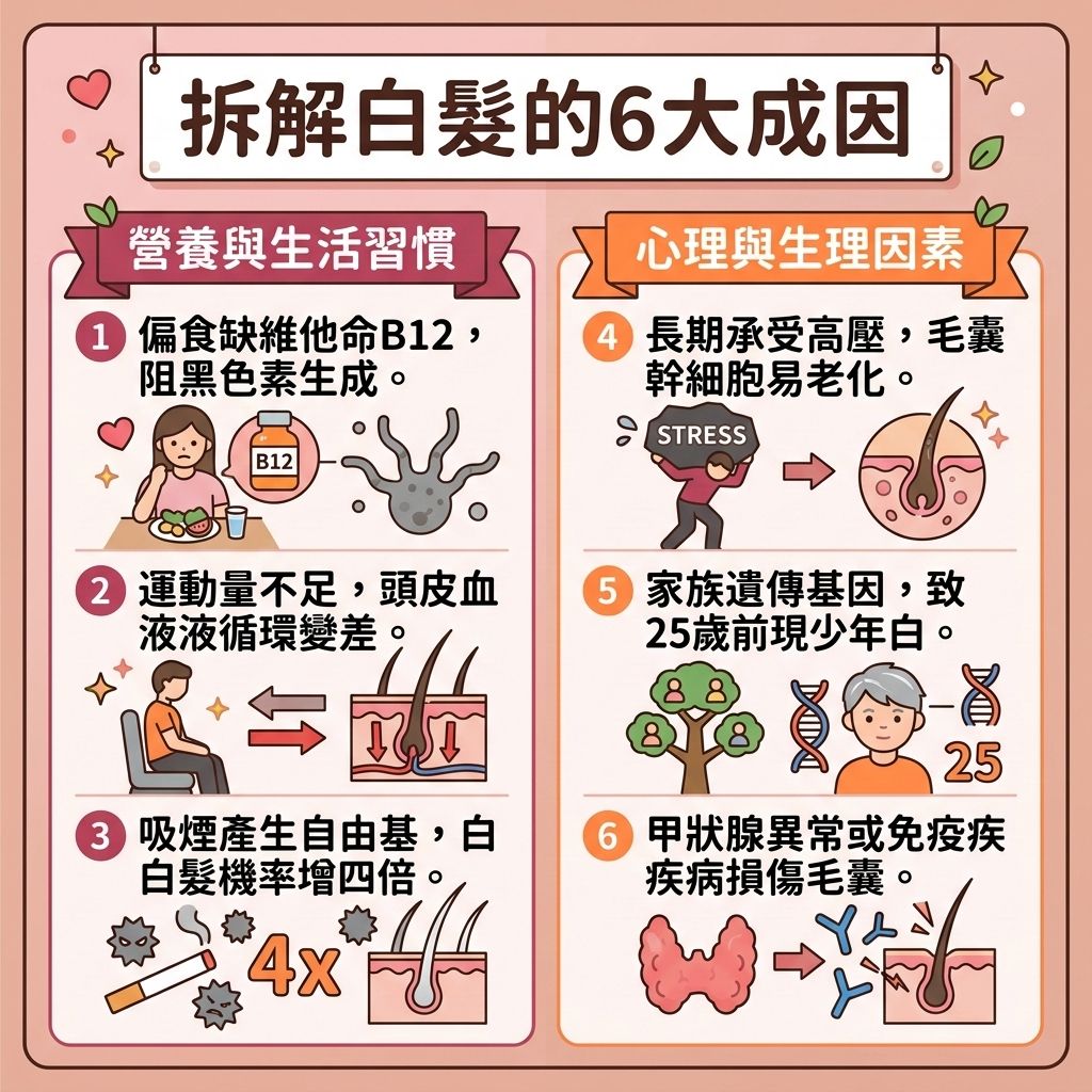 這是一張1:1正方形、設計可愛且具醫美教育感的扁平化向量資訊圖表。背景採用柔和的粉色調。圖表頂部標題為探討白髮成因與衰老現象。圖中分為多個資訊網格,詳細圖解了如何預防白髮與改善白髮。內容指出遺傳與壓力是關鍵,長期高壓影響睡眠,必須改善睡眠質素與舒緩精神壓力。生理上,荷爾蒙與甲狀腺異常會影響毛囊與頭皮健康,降低酪氨酸酶活性,使黑色素減少。圖表建議日常應補充頭髮營養,攝取蛋白質、維他命與鐵質,並多吃黑芝麻與何首烏,有助於調理肝腎氣血及改善腎虛和氣血不足,從而增加黑色素,達致白髮變黑。此外,要攝取抗氧化物抵抗自由基,並促進血液循環,以延緩毛囊老化、刺激毛囊再生及激活休眠毛囊。日常應注重專業頭皮護理與改善頭皮環境,護理脆弱髮絲,並尋求正確的預防脫髮方法。最後提醒大家要減少拔白髮,並避免化學染髮劑引致的染髮傷害頭皮問題。