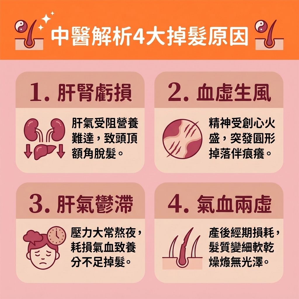 這是一張 1:1 正方形的可愛扁平化向量插畫,詳細解說三大【脫髮】先兆。當【頭皮】的【皮脂腺】受【荷爾蒙】或【雙氫睪酮】影響過度分泌時,會阻塞【毛囊】。若伴隨【氣血】不足或【腎虛】,【角質層】會嚴重受損,引發【雄性禿】。
為了落實【預防脫髮方法】與【解決前額脫髮】,必須積極【改善頭皮環境】。中醫建議【調理肝腎氣血】,可透過【中藥】如【何首烏】、【當歸】、【人參】、【熟地黃】與【黑芝麻】來【補充頭髮營養】。這些食材富含【蛋白質】,能【滋養脆弱髮絲】與【強健脆弱髮根】。
此外,透過【針灸】來【疏通頭皮經絡】與全身【經絡】,能有效【促進頭皮血液循環】(維持良好【血液循環】)並【舒緩頭皮壓力】。這類【中醫針灸生髮】與【專業生髮療程】能【激活休眠毛囊】、【刺激毛囊再生】並【延緩毛囊萎縮】,進而【延長生長週期】。最終完美達到【改善頭髮稀疏】、【減少掉髮數量】、【改善髮線後移】及大幅【增加頭髮密度】的效果!