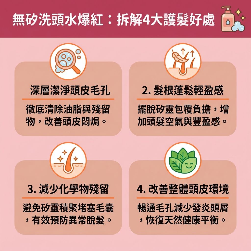 這是一張台灣健康部落格風格的 1:1 資訊圖表,主題為無矽洗頭水推薦與洗頭水成分分析。圖表詳細解釋了矽靈洗頭水分別,指出作為順滑劑的矽靈容易產生矽靈副作用,這正是堵塞毛囊原因。當化學殘留物與老廢角質積聚,會導致毛囊與毛孔堵塞,進而引發異常脫髮。
為了改善頭皮出油並深層清潔頭皮,選用含天然植物萃取、氨基酸,以及優質表面活性劑與起泡劑的溫和清潔配方非常重要。這類產品是極佳的敏感頭皮適用與孕婦洗頭水推薦選擇,能溫和照顧敏感肌。無矽產品能洗淨頭皮與髮絲上的多餘油脂,解決頭皮屑困擾,達到改善頭皮發炎與解決頭皮痕癢的效果。
圖表也教導如何解決頭髮扁塌,讓髮根保持清爽以增加頭髮蓬鬆感。配合正確的護理染燙髮質與修復受損髮質技巧,雖然初期可能會有無矽洗後乾澀的過渡期,但只要搭配無矽護髮素補充蛋白質,就能有效保護毛鱗片。長期使用能強化髮根健康並減少掉髮數量,是日常洗頭水的最佳選擇。
