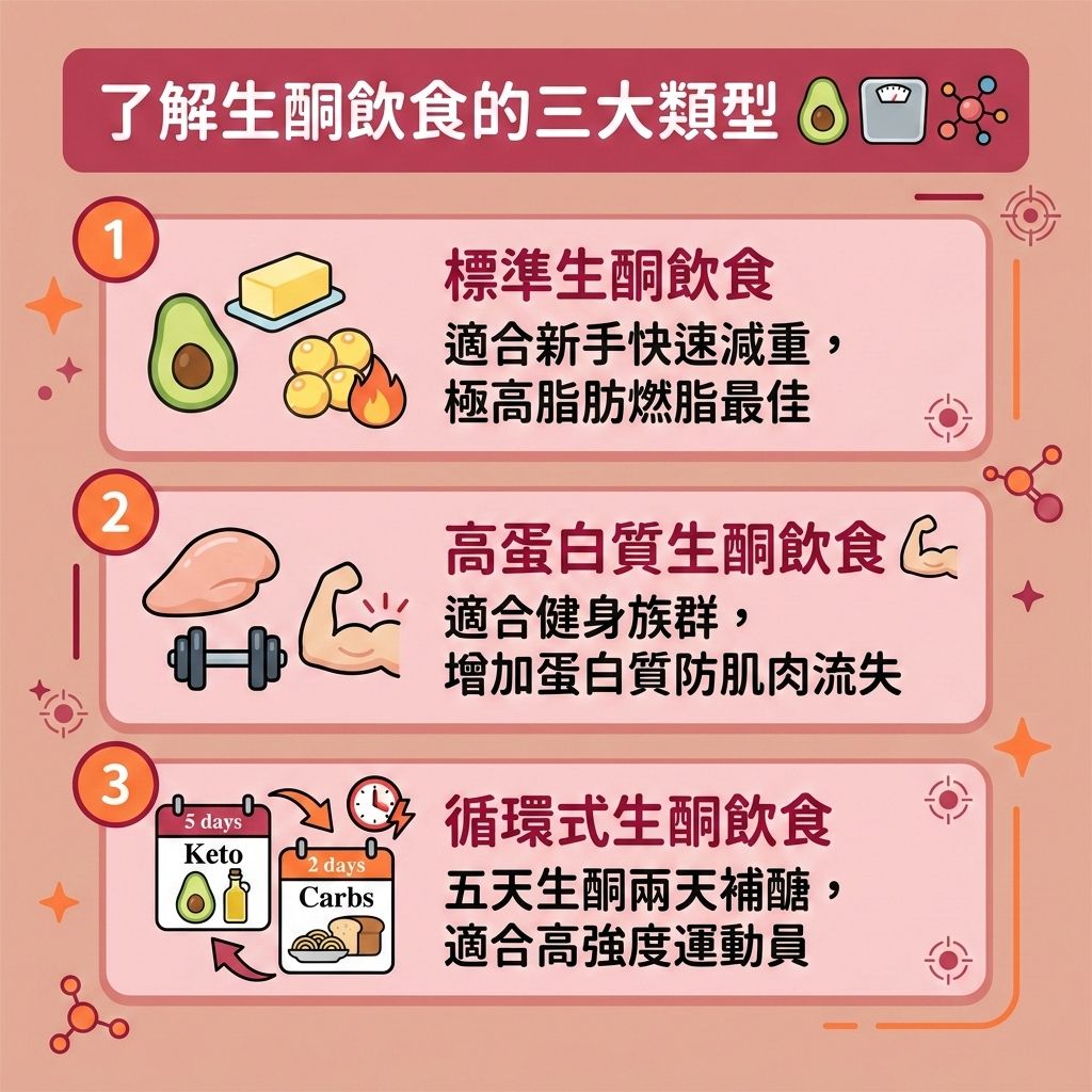 這是一張 1:1 正方形的扁平化向量資訊圖表插畫,主題為「了解生酮飲食的三大類型」,設計風格可愛、具教育性且帶有醫美專業感。圖表分為三個主要板塊,背景採用可愛的裸膚色底板鋪底,各板塊為圓角矩形卡片整齊排佈。內容詳細解析不同的生酮飲食模式,幫助大眾找到適合的減大肚腩方法。
生酮飲食的核心是大幅減少碳水化合物與葡萄糖攝取,轉而利用脂肪酸與酮體作為主要熱量來源。第一種「標準生酮飲食」適合新手,能迅速降低胰島素與血糖,有效控制熱量攝取與預防脂肪積聚,是燃燒深層脂肪與改善中央肥胖的好選擇,能快速瘦小腹。
第二種「高蛋白質生酮飲食」適合搭配減脂增肌飲食,攝取優質蛋白質與適量脂肪,能延長飽足時間並增加飽足感,同時提升基礎代謝與整體的基礎代謝率,幫助新陳代謝,有效消除腹部贅肉並降低體脂比例與體脂率。
第三種「循環式生酮飲食」交替進行,保護肝臟機能,幫助突破減肥停滯期。執行期間配合豐富膳食纖維能促進腸胃蠕動與排毒清腸宿便,並減少水腫與膽固醇問題,進而調節飲食結構並打造易瘦體質。
若想進一步塑造緊緻線條,醫學美容是極佳輔助。透過專業溶脂、局部減脂療程、無創減脂技術與精準的醫美定位修形,能安全高效地為您雕塑完美體態!底部為純淨留白區域。