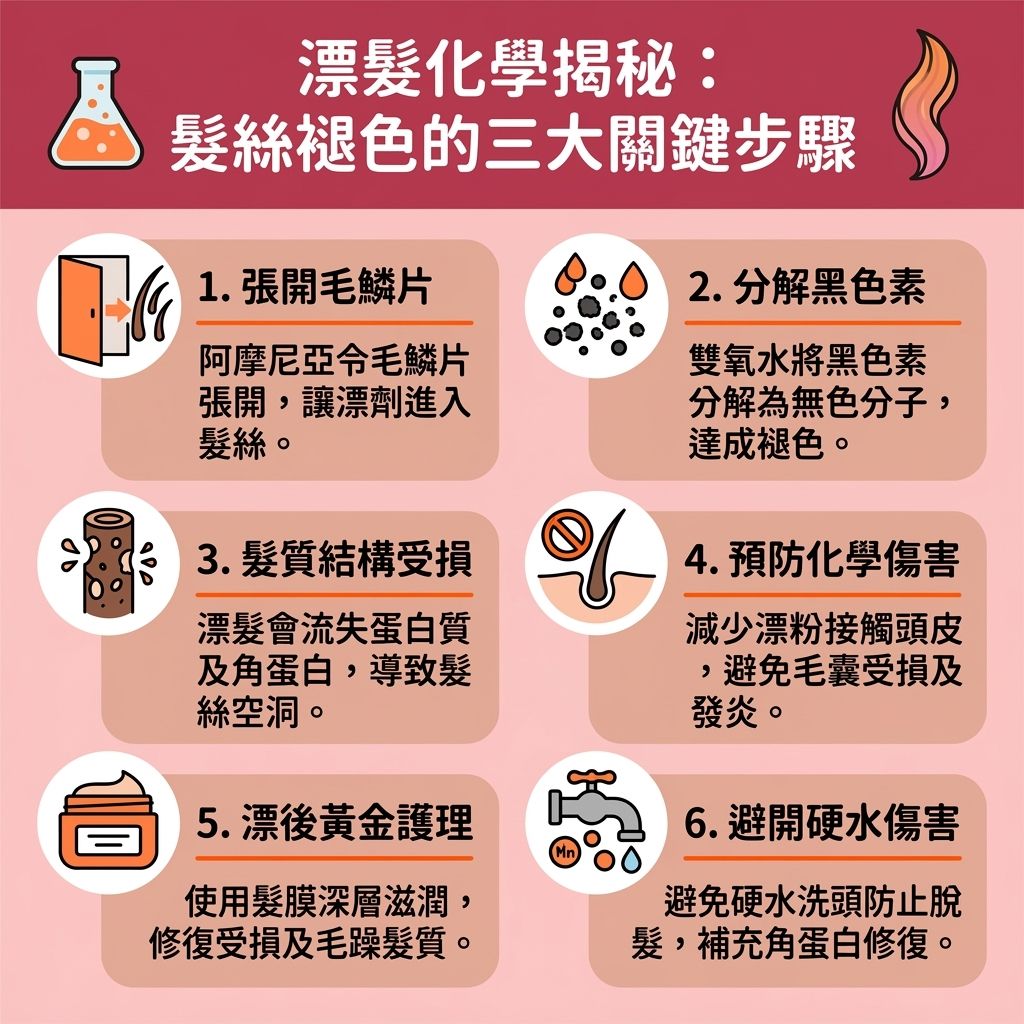 這是一張台灣健康部落格風格的 1:1 正方形資訊圖表,詳細解析了漂髮與染髮過程中的化學變化。圖中說明了雙氧水與漂粉如何作用於髮絲,首先由阿摩尼亞打開毛鱗片,讓化學物質進入內部氧化黑色素以達到褪色效果。此過程會使蛋白質與角蛋白流失,造成漂髮後遺症如斷髮與髮質變差解決需求。
為了預防漂染斷髮及漂髮脫髮原因,正確的漂髮護理及漂後保養步驟至關重要。建議使用護髮素與髮膜進行深層滋潤髮絲,修復受損頭髮並改善毛躁髮質。同時應注意漂髮次數限制以保護毛鱗片,減少化學傷害。若漂髮頭皮痛或出現頭皮敏感發炎,應諮詢皮膚科醫生,因為漂髮傷毛囊可能導致脫髮。保養時建議使用去黃洗頭水進行漂髮褪色保養,並補充頭髮角蛋白。此外,需注意硬水洗頭脫髮風險,避免硬水中的礦物質加劇受損,全方位進行漂染頭髮保養。