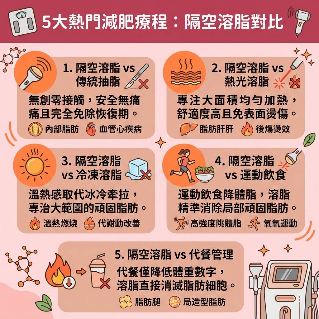 這是一張台灣健康部落格風格的 1:1 正方形資訊圖表,詳細比較了五大熱門減肥療程。對於想突破減肥停滯期、降低體重與體脂率的愛美人士來說,醫學美容提供了多元選擇。圖表中重點介紹了香港完美醫療的隔空溶脂這項無創減脂療程。它採用非接觸式溶脂技術,利用特定探頭釋放射頻,將熱能精準傳導至深層的皮下脂肪與內臟脂肪。
這種安全無痛減肥方法能提供大範圍溶脂,促使脂肪細胞自然凋亡,進而破壞脂肪細胞。隨後透過淋巴系統與新陳代謝將廢物排出體外,達到促進淋巴排毒的作用。它不僅擁有極佳的局部減脂效果,更能有效消除頑固脂肪與燃燒深層脂肪,幫助縮小腰圍、減去大肚腩與粗壯的大腿,解決並改善中央肥胖,從根本上減少脂肪積聚。
此外,療程中的熱能還能刺激膠原增生(增加膠原蛋白),有效收緊鬆弛肌膚。作為一種優質的隨做隨走療程,它不僅能實現不反彈減脂,更是為您量身打造的專屬瘦身方案與精準的醫美定位修形。無論您是想打造平坦小腹還是優化整體身形,這項療程都能助您塑造完美曲線!