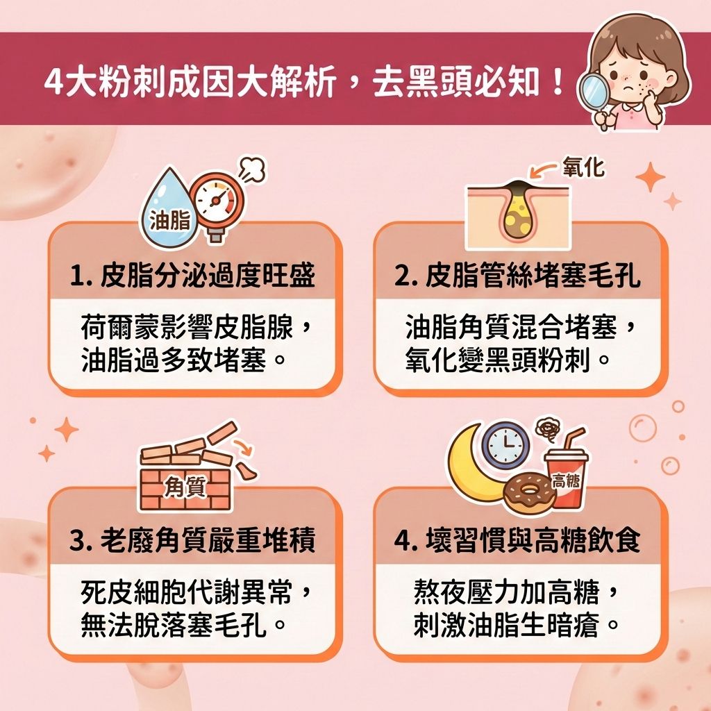 這是一張台灣健康部落格風格的正方形醫美資訊圖表,詳細解說四大粉刺與黑頭成因。圖中女孩正煩惱著臉上的肌膚問題。當我們壓力大或飲食高糖,會刺激皮脂腺分泌過多油脂。若角質層代謝不良,死皮會與油脂結合形成角栓,進而導致毛孔堵塞。氧化後就變成黑頭,甚至發炎成暗瘡。
為了預防暗瘡形成與減少黑頭粉刺,我們需要深層清潔毛孔與疏通堵塞毛孔。日常應使用卸妝油徹底卸除彩妝,搭配溫和洗面乳來溫和潔淨肌膚,但要避免過度清潔以保護皮膚屏障,達到修復受損屏障與舒緩紅腫發炎的效果。
針對頑固粉刺,可使用含果酸、水楊酸或杏仁酸的護膚品,或定期敷泥膜,能有效去除老廢角質、溶解堆積油脂並溫和導出黑頭。這有助於控制油脂分泌、調節水油平衡、促進細胞代謝,進而改善粗糙膚質與緊緻粗大毛孔。處理時切記避免過度擠壓,局部突發狀況可貼上微針****暗瘡貼急救。
若情況未改善,建議諮詢專業皮膚科醫生。圖表下方特別推薦香港專業醫學美容療程,包含激光去印療程與「暗瘡分手療程」,助您輕鬆重拾光滑美肌!