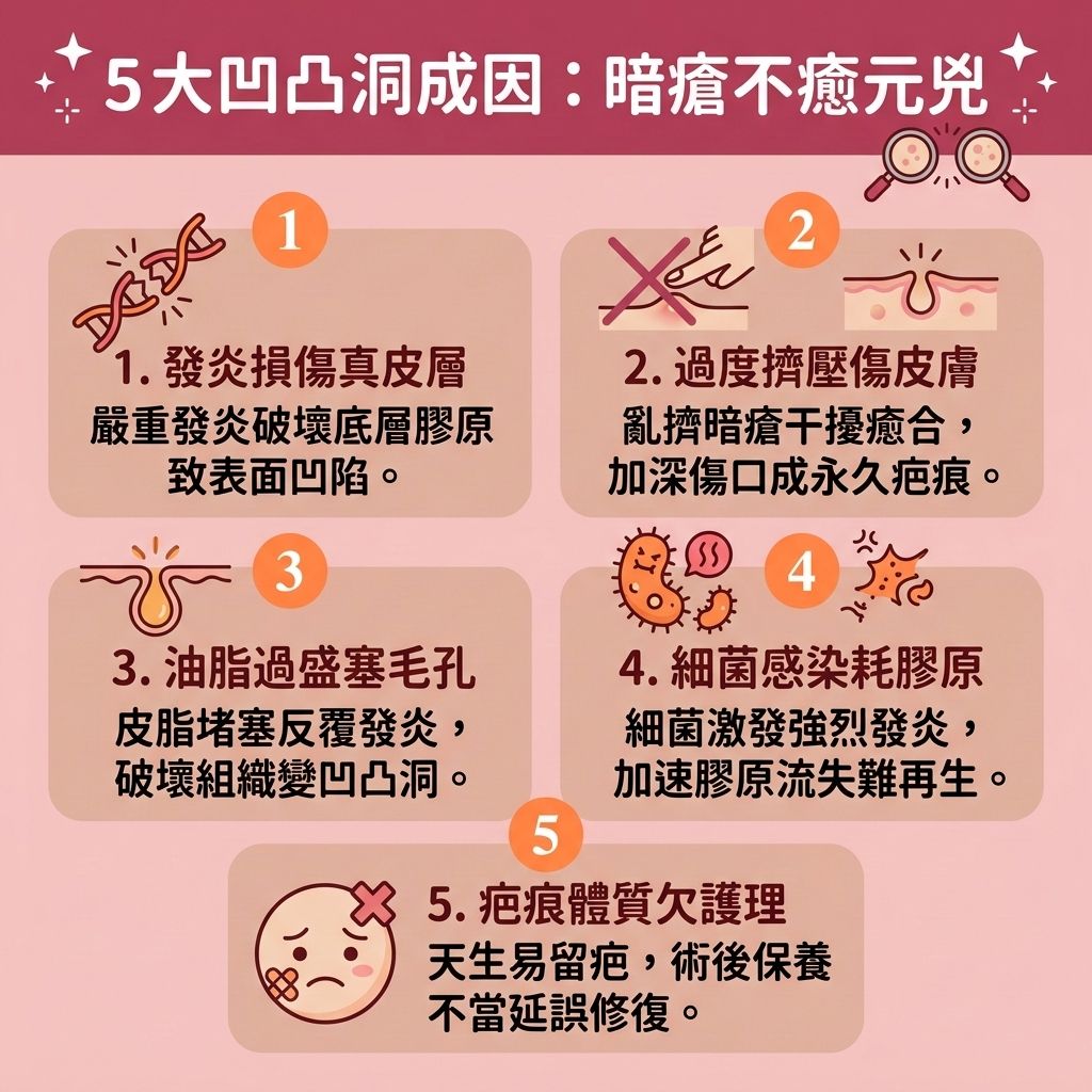 這是一張 1:1 扁平化設計的可愛資訊圖表,採用台灣健康部落格風格,主題為 5 大【凹凸洞】成因。圖中插畫生動展示了當【皮脂腺】異常分泌油脂堵塞【毛孔】時,會引發【暗瘡】與嚴重的【發炎反應】。如果不當擠壓,會進一步破壞表面的【角質層】與深層的【真皮層】,導致【纖維組織】斷裂與【膠原蛋白】流失,最終形成難以處理的【暗瘡疤痕】與【黑色素】沉澱。
許多人錯誤期望【凹凸洞自然修復】或【暗瘡印自然消退】,但受損組織在漫長的【暗瘡疤痕修復期】中極難自行恢復。圖表側邊提供了專業的【凹凸洞治療方法】建議:日常保養可使用含【果酸】、【水楊酸】或【維他命A醇】的產品來【溫和去除角質】,幫助【加速新陳代謝】並【預防暗瘡復發】;同時可補充【透明質酸】加強保濕。
若要做到真正的【深層組織修復】並【重塑平滑美肌】,圖表強烈建議尋求【醫學美容】的專業【醫美去印推介】。透過【微針】與專屬的【微針去印療程】能有效【促進細胞更新】;而利用【激光】、【皮秒激光】及【射頻】等高階【激光去疤推薦】療程,則能精準【刺激膠原增生】,【填補肌膚凹陷】,【撫平面部疤痕】,【改善皮膚粗糙】,【淡化黑色素疤痕】,並【收細粗大毛孔】,達到【修復受損肌膚】的最佳完美效果。