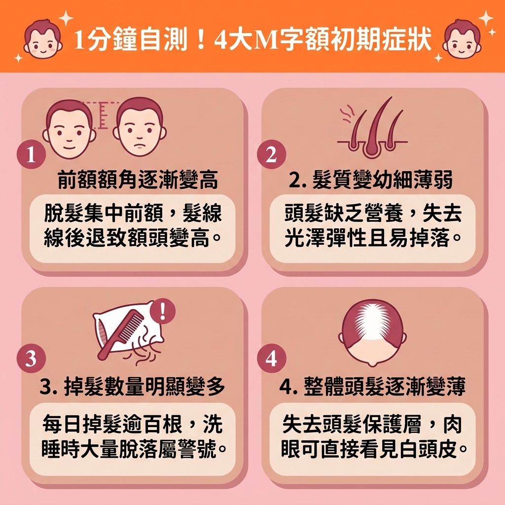 這是一張 1:1 正方形的可愛扁平化向量資訊圖表,採用台灣健康部落格風格,教導大眾一分鐘自測【雄性禿初期特徵】。圖表詳細解析了【髮線後移成因】,指出當【遺傳】因素或巨大【壓力】影響時,體內的【睪酮】等【荷爾蒙】會異常轉化為【雙氫睪酮】。這不僅會刺激【皮脂腺】異常分泌並破壞【角質層】,更會直接攻擊【真皮層】內的【毛囊】,導致【前額】與【額角】的【髮線】不斷向後退,引發【雄性禿】及嚴重的【脫髮】危機。
為了落實【預防脫髮方法】並有效【解決前額稀疏】,我們必須積極【改善頭皮環境】。圖表建議日常可進行【頭皮深層清潔】以【舒緩頭皮壓力】,並挑選合適的【防脫髮洗髮露】。同時,維持良好的【血液循環】能【促進頭皮血液循環】,幫助輸送【蛋白質】等養分以【補充頭髮營養】。
若要【改善額角脫髮】並【延緩毛囊萎縮】,除了及早使用含藥性的【生髮水】來【抑制男性荷爾蒙】外,圖中也強烈建議尋求【醫生】協助。透過【專業生髮療程】能有效【激活休眠毛囊】、【刺激毛囊再生】並【延長頭髮生長期】,進而【強健脆弱髮根】、【減少掉髮數量】並【增加頭髮密度】。若【頭皮】已大面積外露,