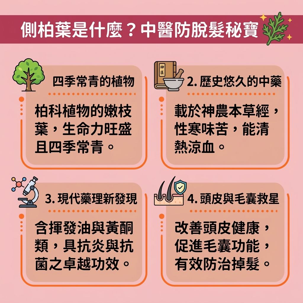 這是一張台灣健康部落格風格的 1:1 正方形扁平化資訊圖表,詳細介紹了側柏葉的功效。圖表說明中醫認為它能調理氣血與肝腎,是極佳的天然防脫髮方法。許多人面對脫髮、斑禿、白髮或脂溢性脫髮時,會尋求專業的中醫調理脫髮。透過側柏葉洗頭功效,能改善頭皮出油、舒緩頭皮痕癢並促進血液循環(達致活血化瘀生髮),從而刺激毛囊生長與延緩毛囊萎縮。
圖中比較了各種民間偏方,例如側柏葉煮水洗頭、搭配生薑或米酒的側柏葉泡酒生髮等側柏葉生髮偏方。這些方法富含營養素,能加速新陳代謝,促進黑色素生成,幫助預防白髮變黑,並有效強化髮根健康。無論是為了解決頭髮稀疏、達致脂溢性脫髮改善,或是尋求改善產後脫髮的對策,使用含有此成分的洗頭水(可參考側柏葉洗頭水推薦)都能減少掉髮數量,保護頭皮、髮根與毛囊,最終促進頭髮生長。當然,使用前應充分了解側柏葉副作用,必要時請教皮膚科醫生,以確保安全。