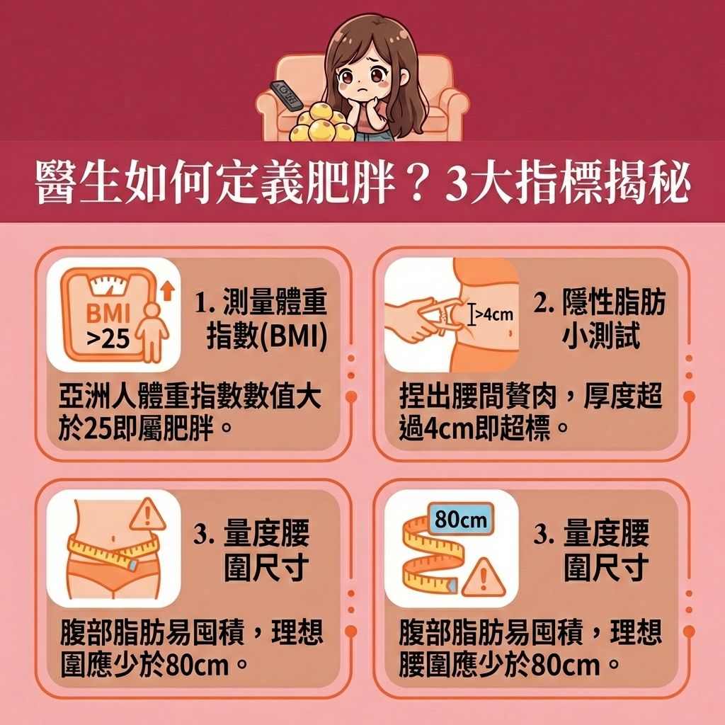 這是一張台灣健康部落格風格的1:1正方形醫美資訊圖表。圖中的長髮女生正在男生的場景中,專心聆聽醫生(註冊醫生)與營養師解說如何評估身體狀況與診斷肥胖症。要落實健康體重管理,首先要精準測量體重指數(BMI)與體脂率,並透過捏腰間贅肉來檢測隱藏的脂肪,以防減少脂肪積聚的努力白費。
當面對荷爾蒙變化或血糖不穩,導致卡路里攝取過多時,醫生會進行專業醫生評估。若日常控制無效,醫生可能會建議使用處方藥物(如合法的處方減肥藥物或減肥針)來幫助控制食慾,但需注意潛在的副作用。日常必須配合帶氧運動,並由專家制定專屬餐單,以維持肌肉量、提升基礎代謝與基礎代謝率,從而改善新陳代謝。
透過持續追蹤減重進度,能有效燃燒體內脂肪、降低體脂比例並改善易胖體質,幫助你突破減肥停滯期。針對難以消除的贅肉,可選擇醫學美容的局部減脂療程。香港完美醫療提供完整的醫學減肥療程與專屬瘦身方案,包括安全無痛溶脂、溶脂針、抽脂等先進的醫美定位修形技術,精準消除頑固脂肪,助您重獲健康自信的體態!